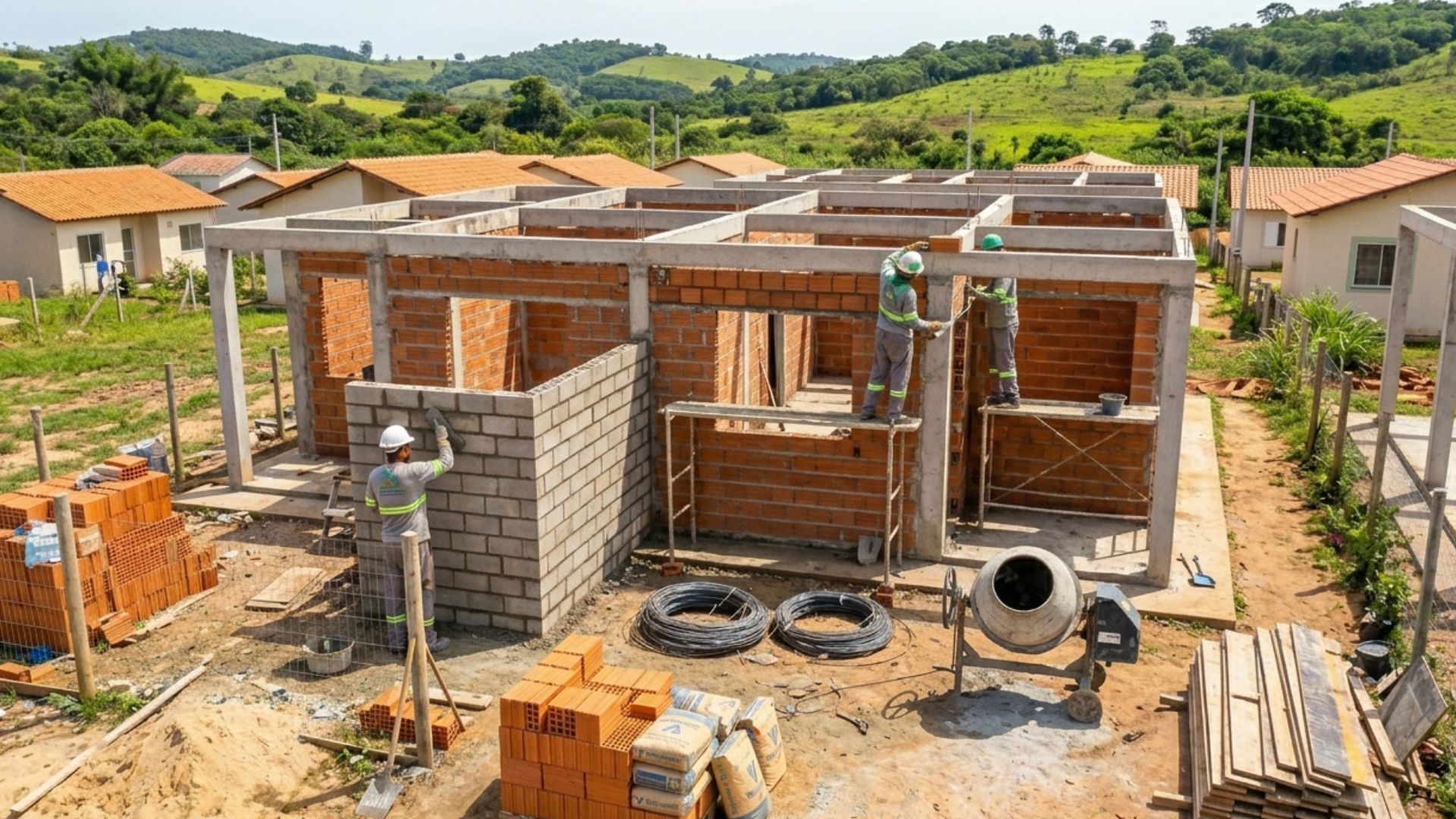 Construção de casa simples com dois quartos em andamento, com pedreiros trabalhando na alvenaria em área residencial com vegetação ao fundo