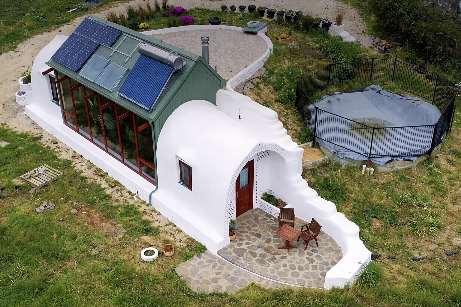 Casa Earthship off-grid com telhado verde, painéis solares e estufa frontal integrada em estrutura sustentável autossuficiente