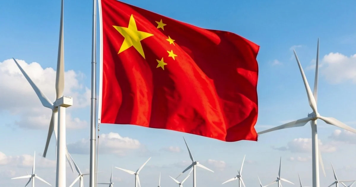 Bandeira da China tremulando com turbinas eólicas ao fundo sob céu azul