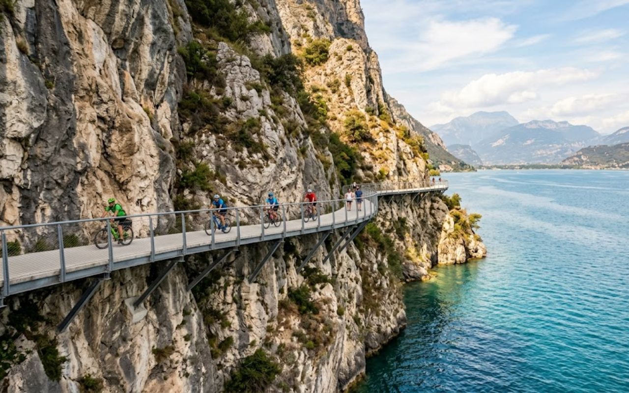 A ciclovia Ciclopista del Garda, na Itália, chama atenção por seu trajeto suspenso e paisagens naturais impressionantes.