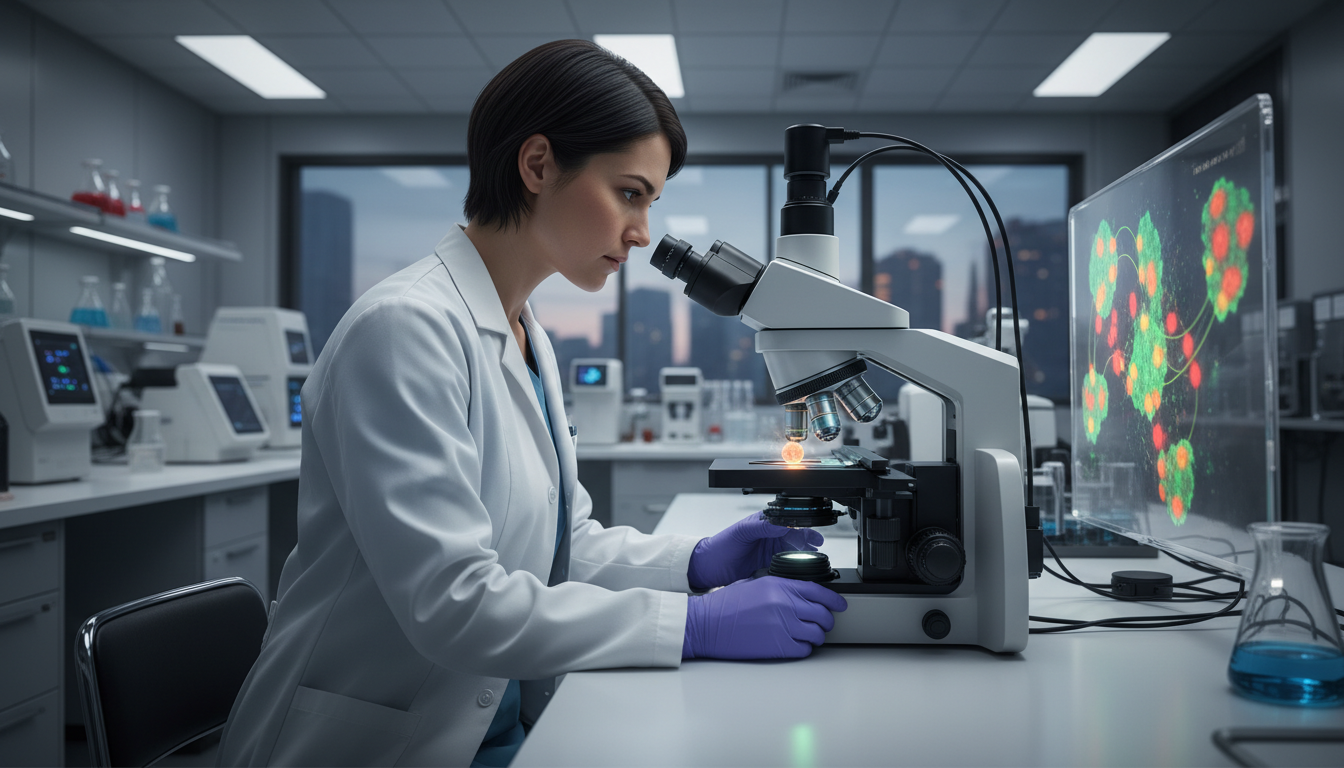 Cientista examina células cancerígenas em microscópio