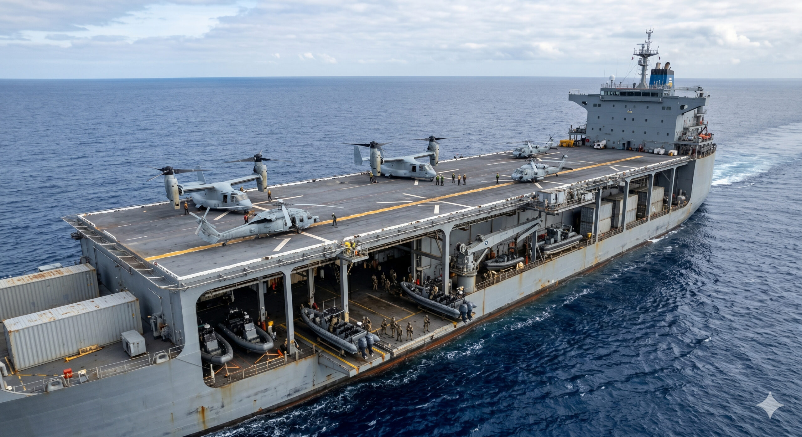 90 mil toneladas que transformam o oceano em base militar: a classe Expeditionary Sea Base dos Estados Unidos tem 239,3 metros, convés para múltiplas aeronaves, alcance de 9.500 milhas náuticas e permite operações especiais contínuas sem depender de portos ou bases terrestres
