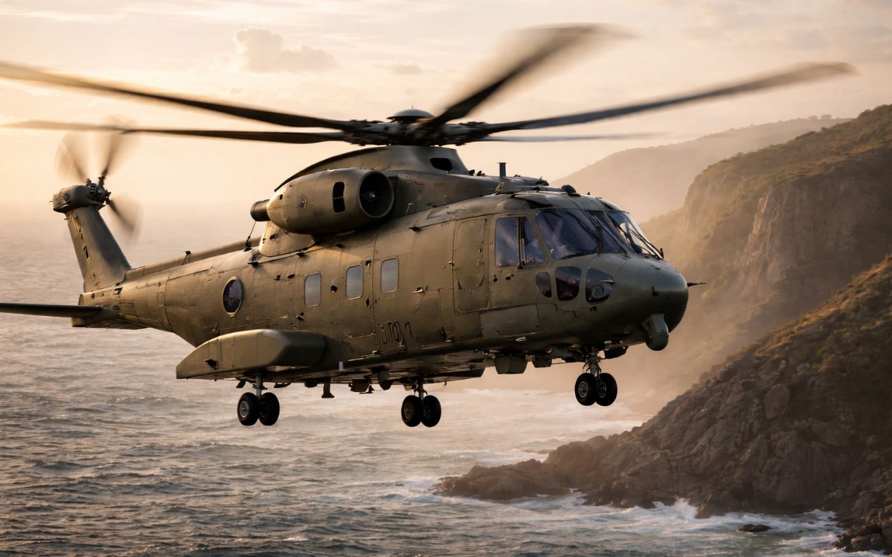 Conheça o AgustaWestland AW101, helicóptero militar multifunção, sua história, especificações e uso por diferentes países.