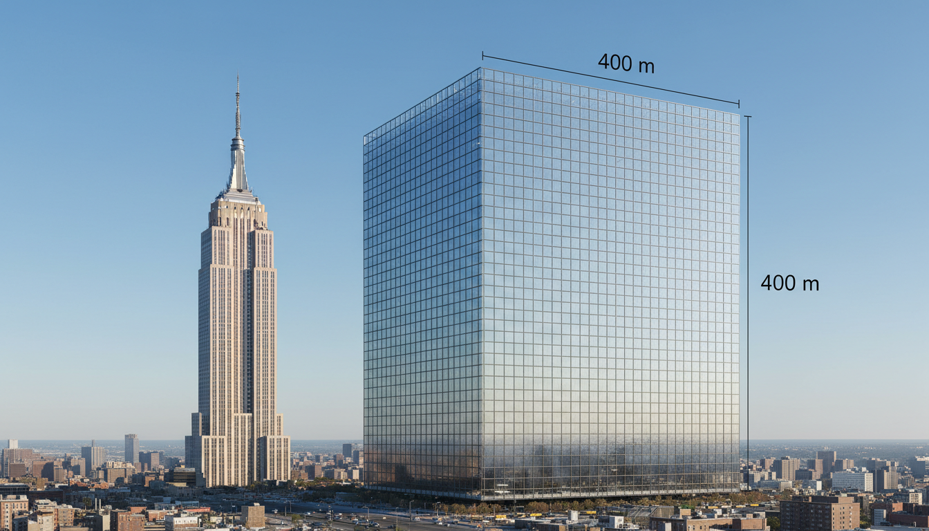 Comparação de escala entre o Empire State Building e o cubo Mukaab de 400 metros