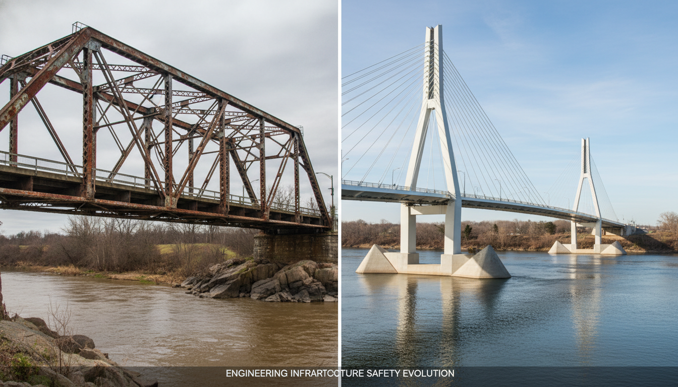 Comparacao entre ponte antiga sem protecao e ponte moderna com barreiras de protecao nos pilares