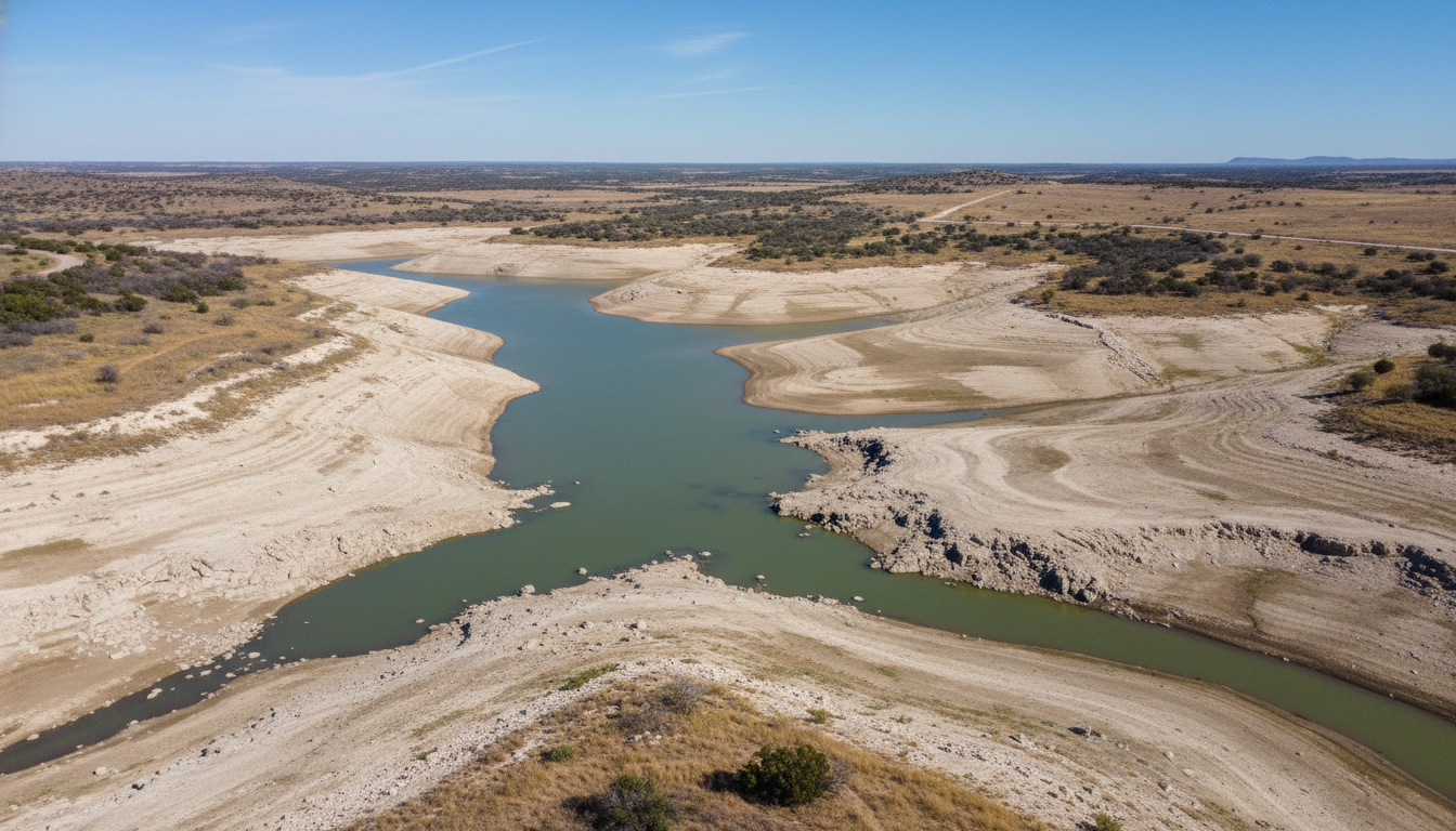 Vista aérea de reservatório com nível de água muito baixo no Texas