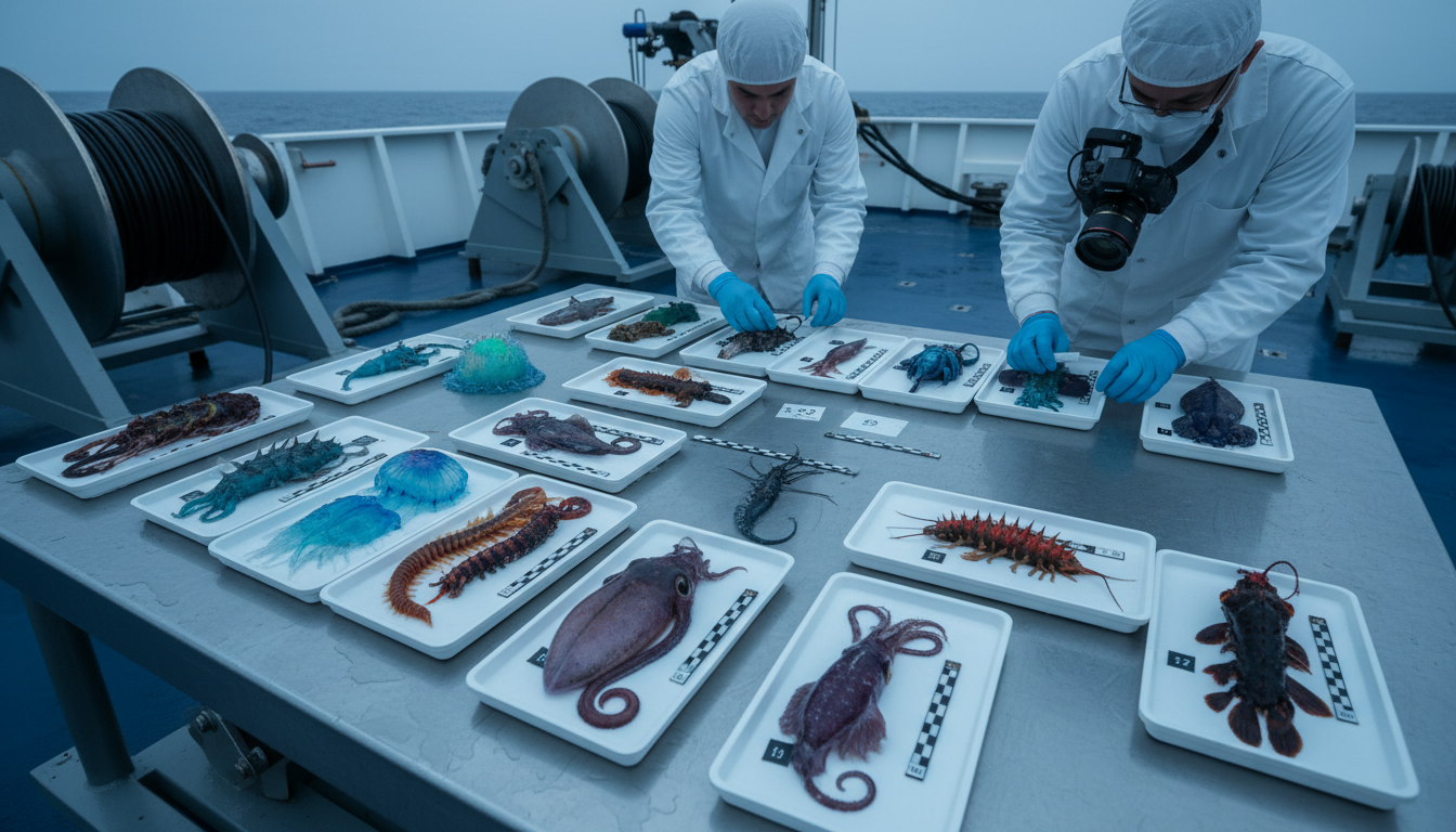 Diversidade de criaturas marinhas de águas profundas coletadas em navio de pesquisa