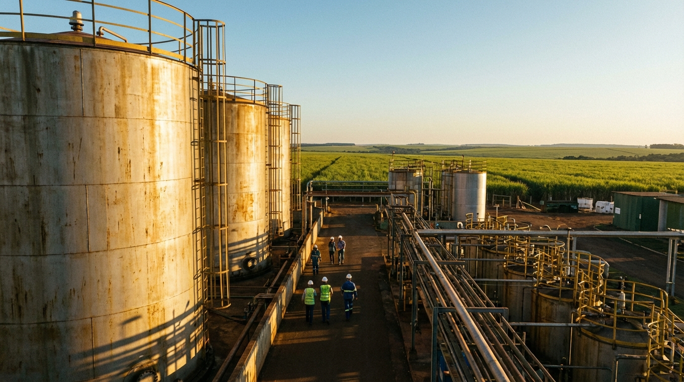 Usina brasileira de biocombustíveis complementando a agenda de IA no óleo e gás 2026 com produção sustentável.
