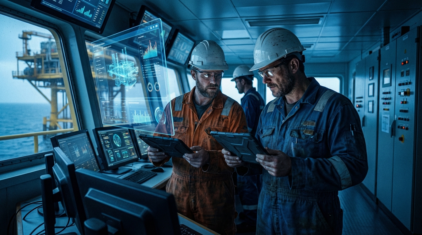 Sala de controle moderna mostrando a aplicação de IA no óleo e gás 2026 em dashboards de monitoramento em tempo real.