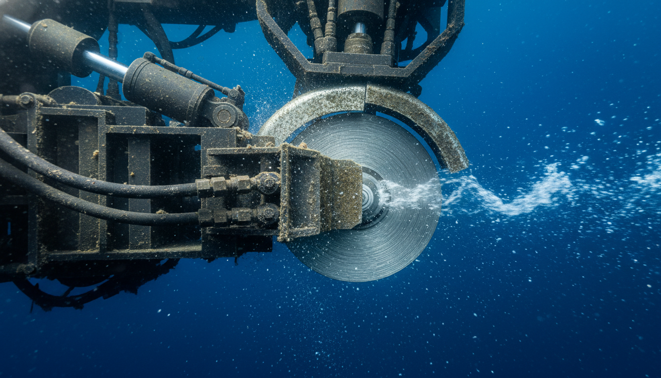 Disco abrasivo de diamante em dispositivo submarino de corte em águas profundas