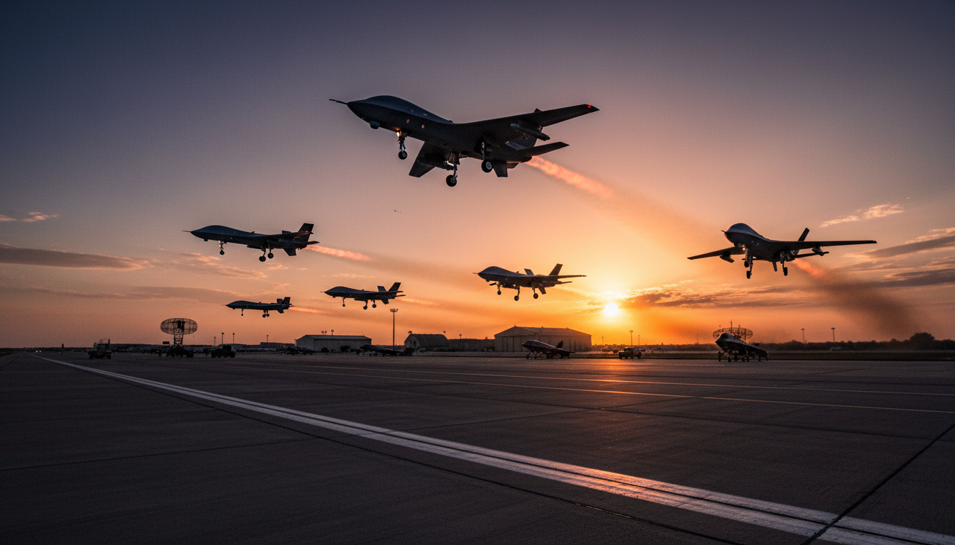 Múltiplos drones de combate autônomo decolando de base militar
