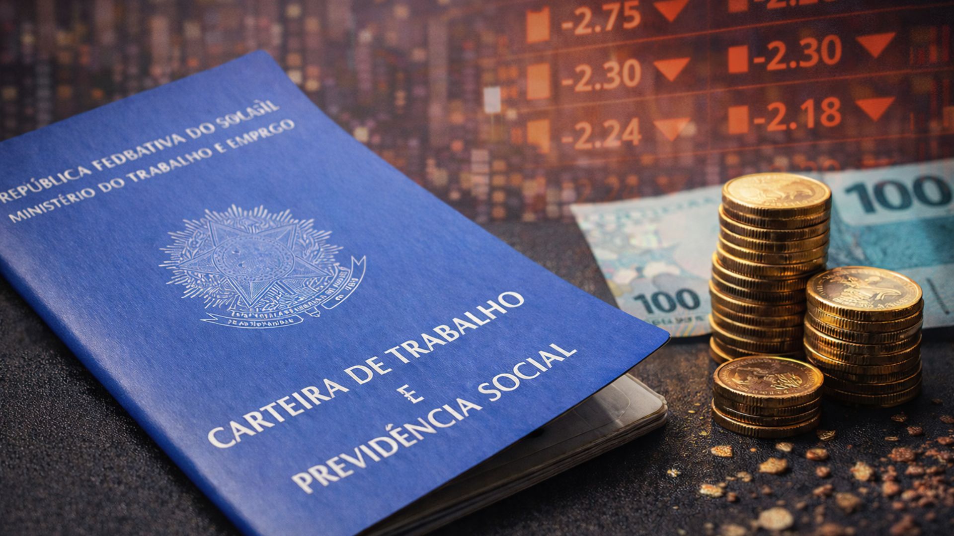 Carteira de Trabalho brasileira ao lado de moedas e nota de real, com fundo de mercado financeiro em queda, representando desemprego e impacto econômico
