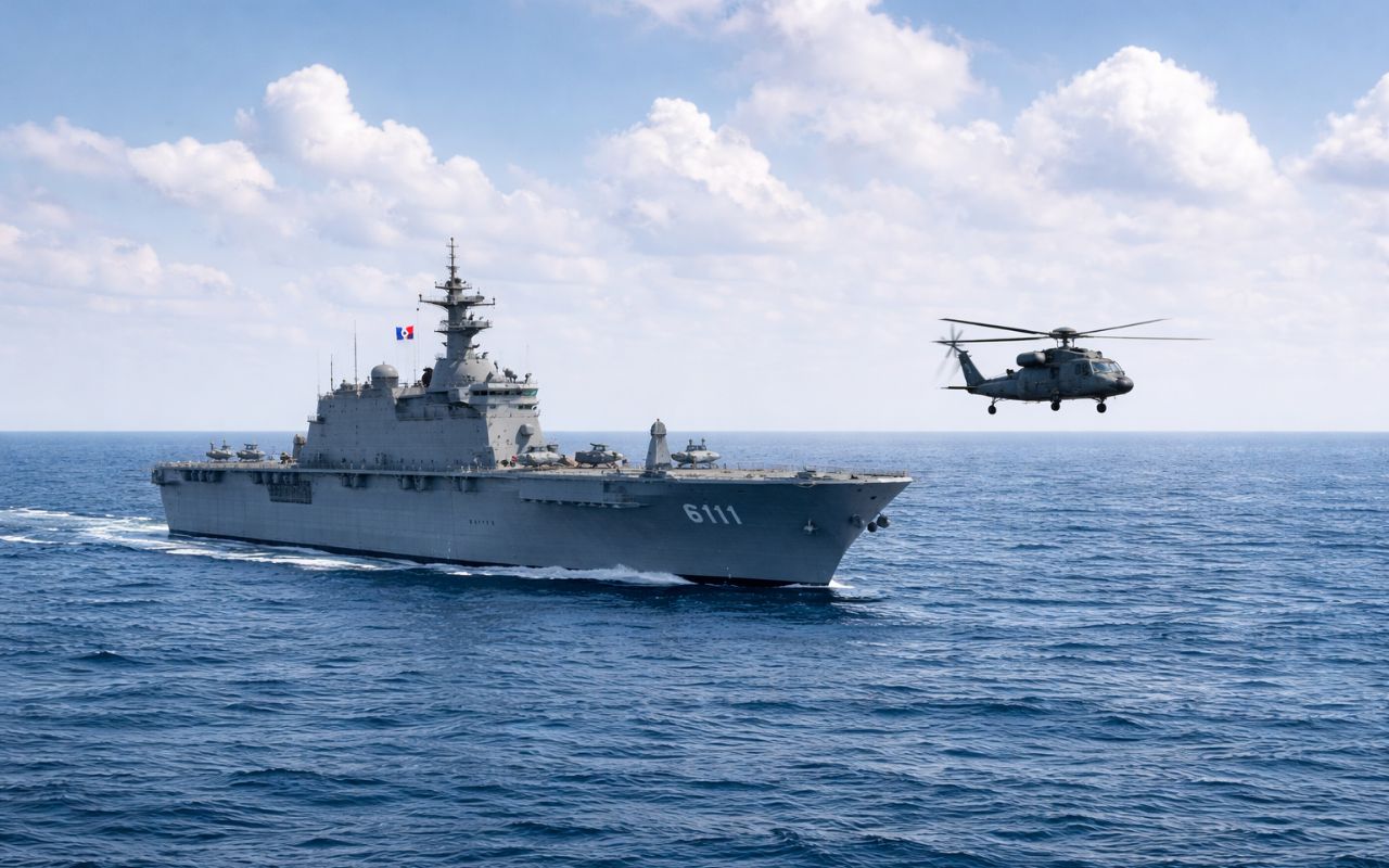 Conheça o ROKS Dokdo, navio anfíbio da Marinha da Coreia do Sul de 199 metros e capacidade para 720 tropas.