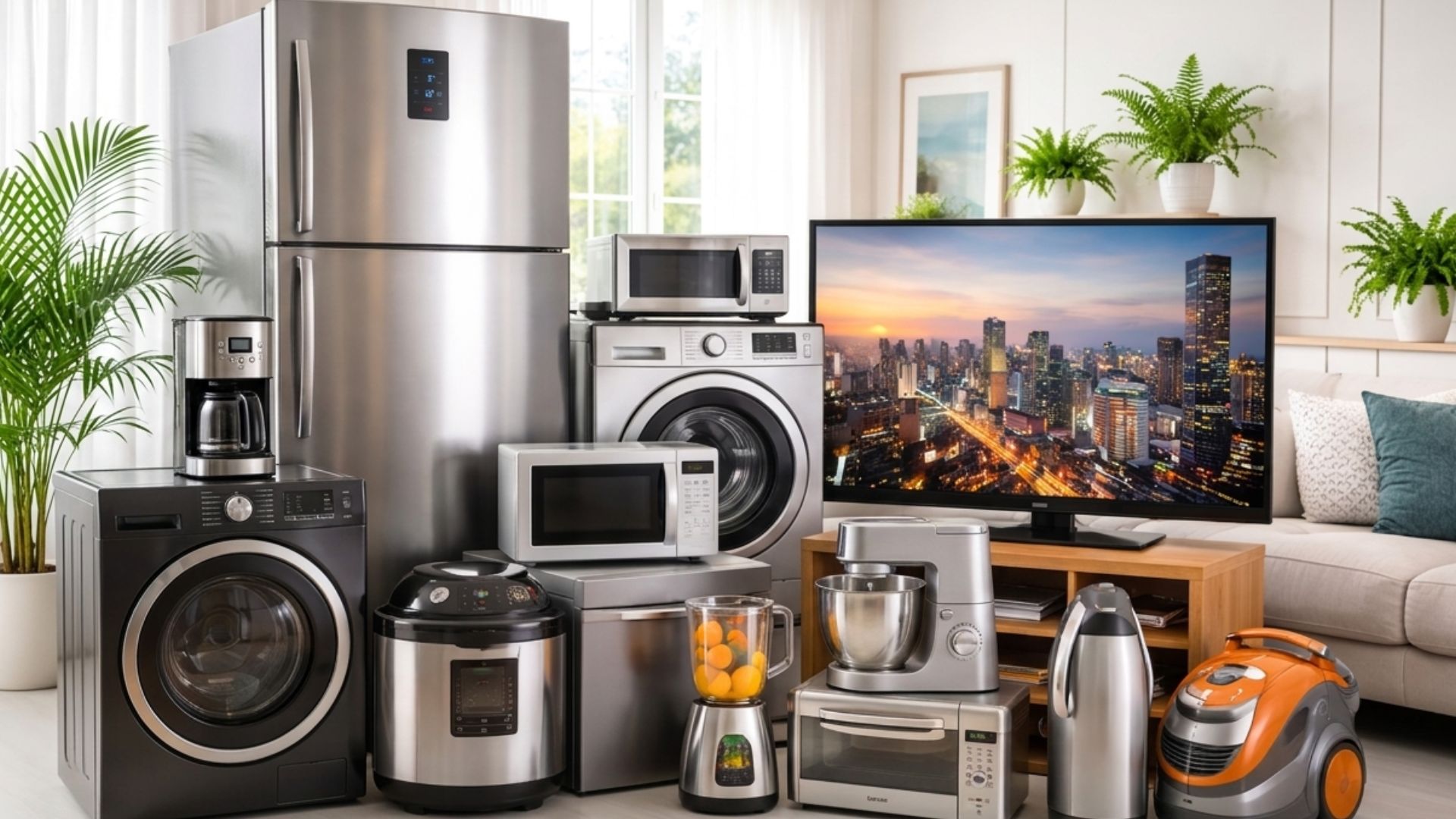 Eletrodomésticos variados como geladeira, máquina de lavar, micro-ondas, televisão e pequenos aparelhos agrupados em sala branca iluminada, representando alto consumo de energia em ambiente doméstico