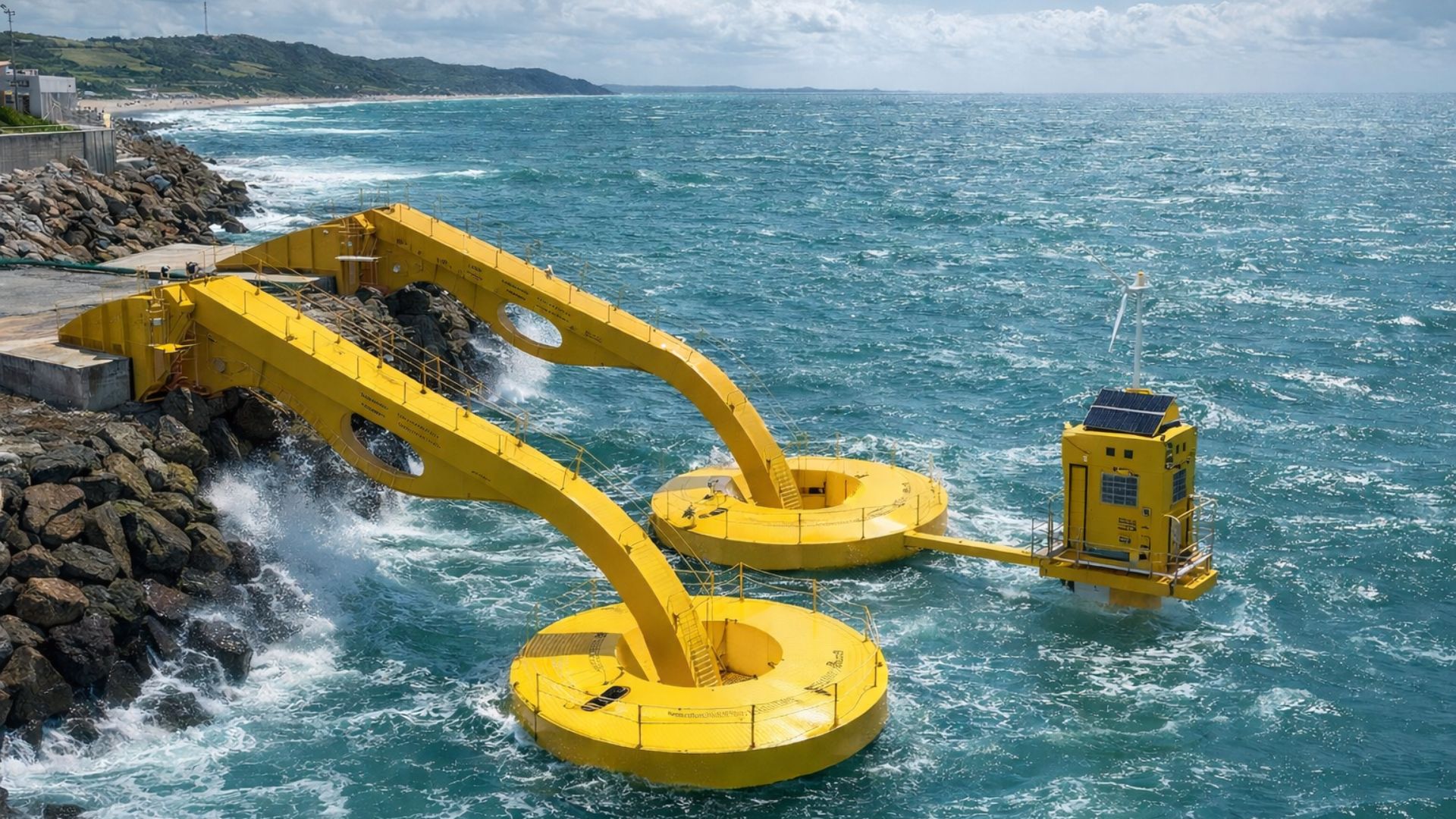 Sistema de energia oceânica com plataformas amarelas gerando eletricidade a partir das ondas do mar em estrutura costeira com tecnologias inovadoras de energia renovável