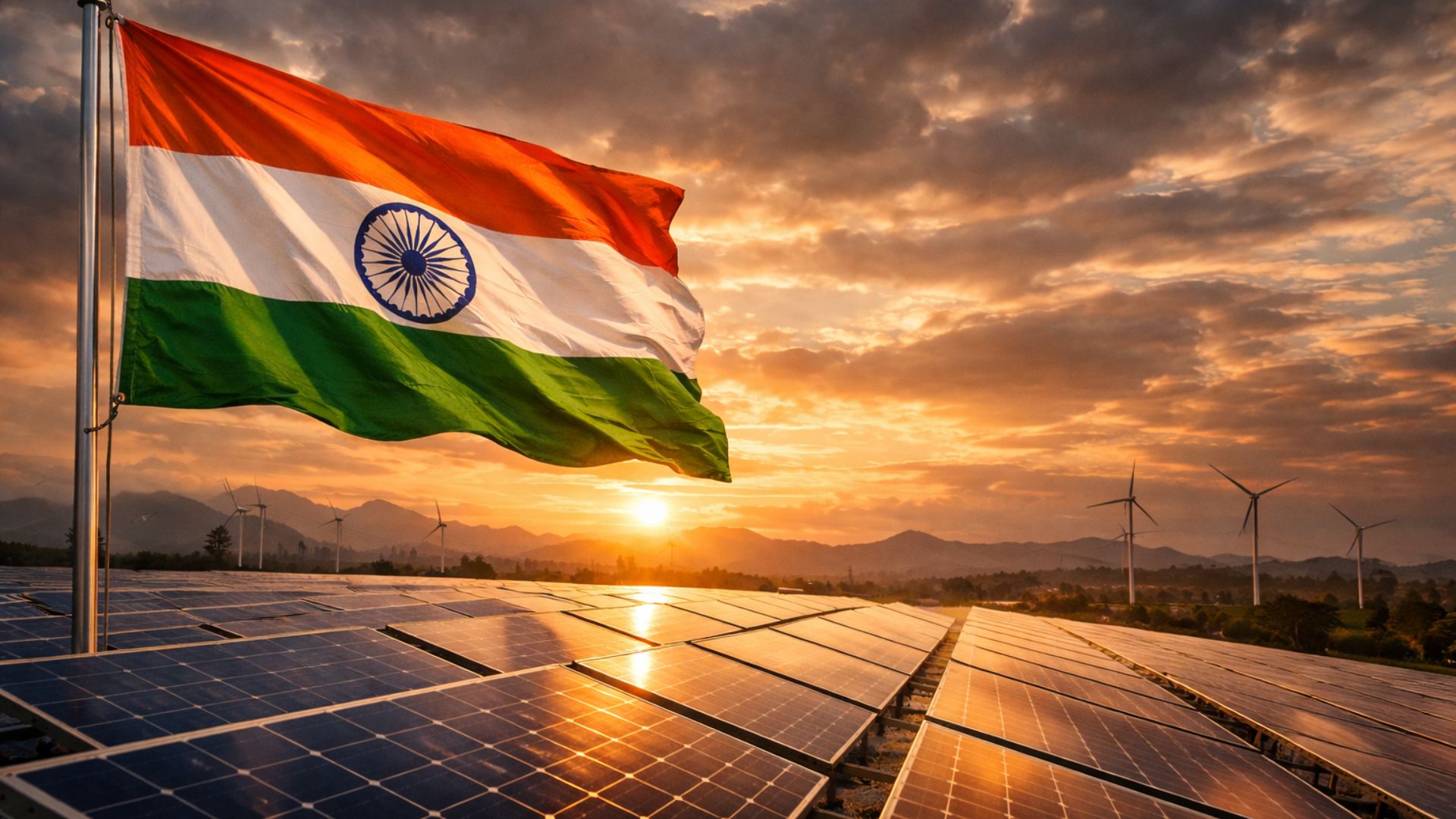 Bandeira da Índia tremulando sobre usina de painéis solares ao pôr do sol, representando avanço na capacidade instalada de energia renovável e aceleração da transição energética no país