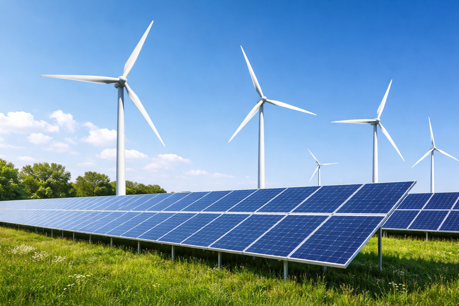 Painéis solares em campo verde com turbinas eólicas ao fundo sob céu azul