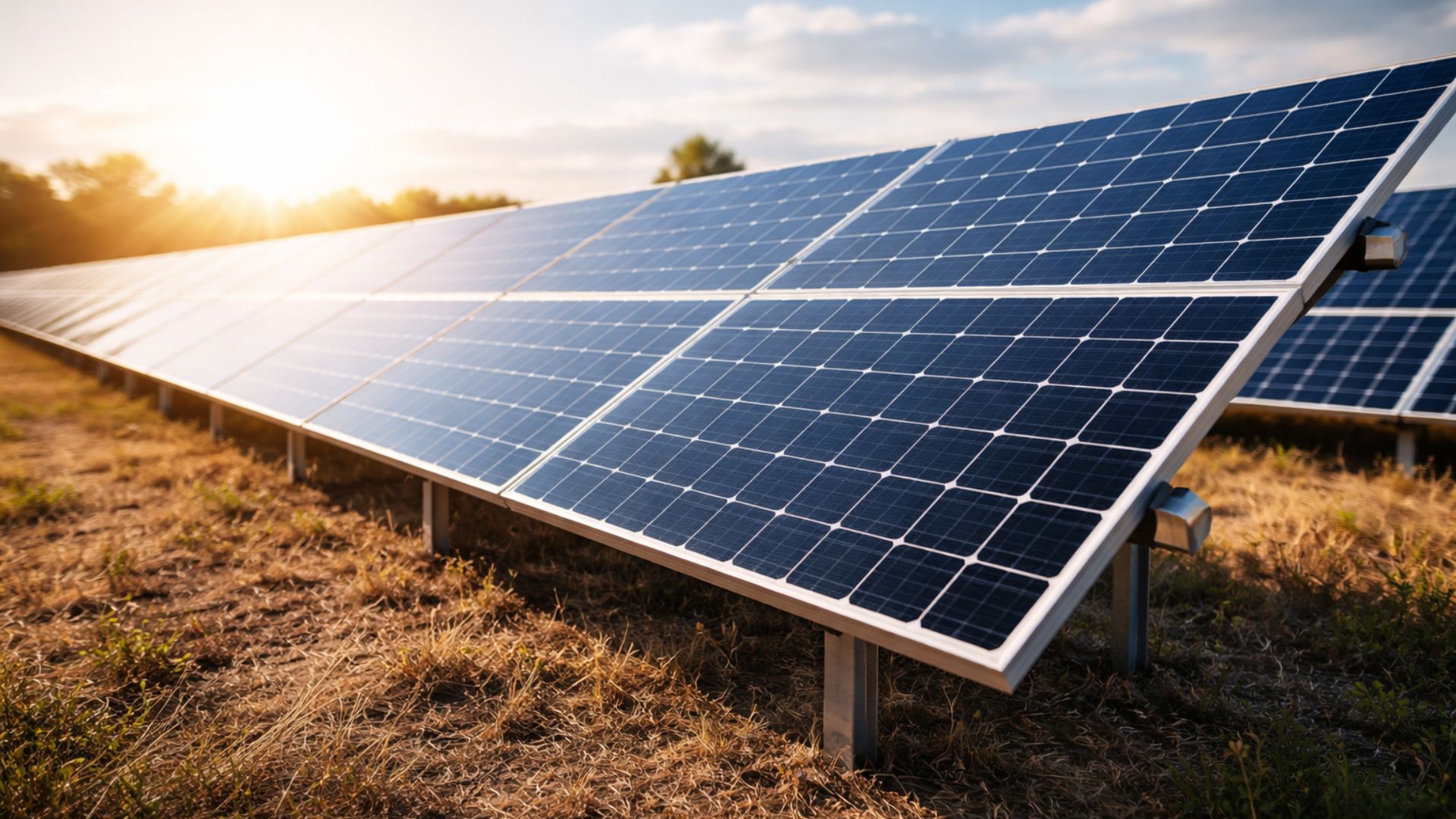 Painel de energia solar em destaque em usina fotovoltaica no Ceará, com fileiras desfocadas ao fundo sob luz do sol, representando geração de energia limpa e sustentável