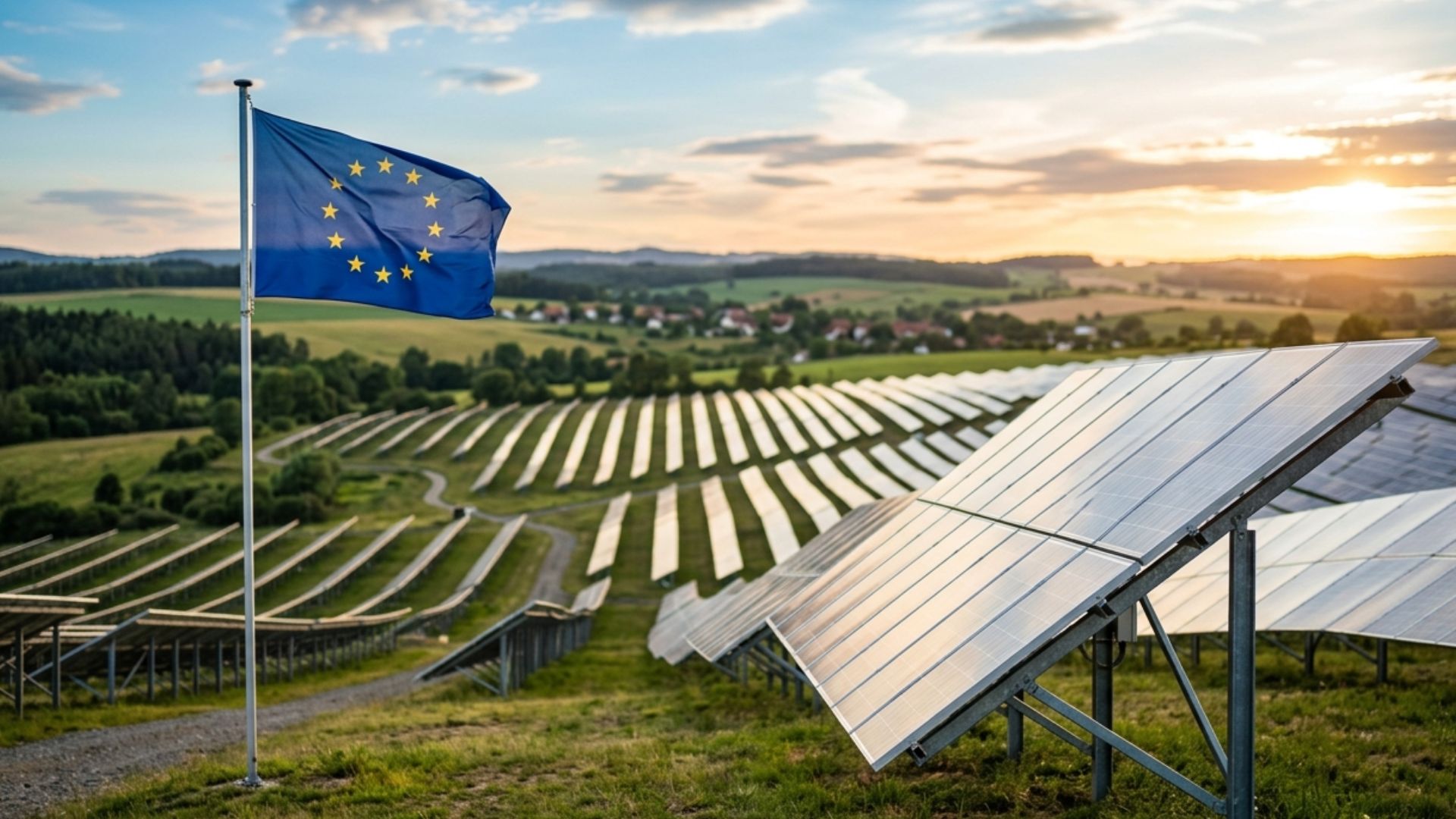 Parque de energia solar na Europa com bandeira da União Europeia ao vento e painéis fotovoltaicos em área rural durante o pôr do sol