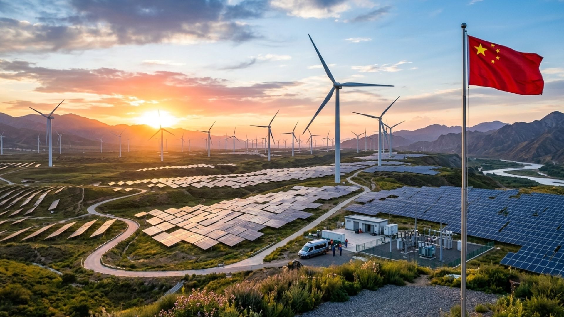 Parque de energia renovável na Ásia com turbinas eólicas e painéis solares ao pôr do sol, com bandeira da China destacando liderança na transição energética