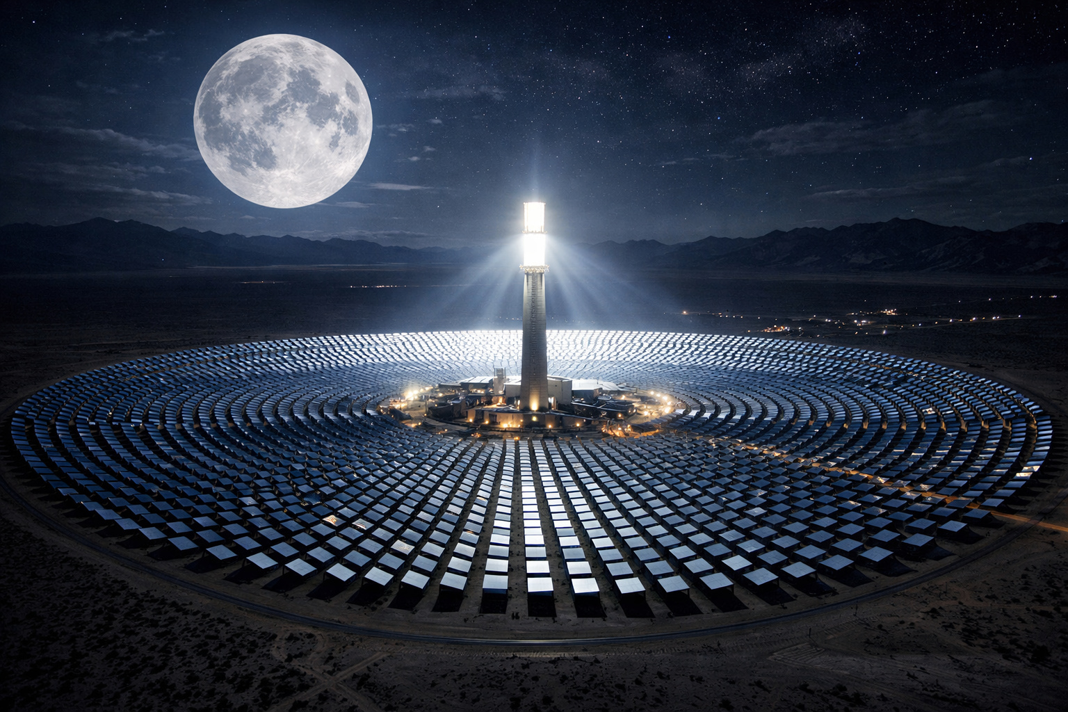 usina de energia solar concentrada com torre central e espelhos no deserto ao entardecer