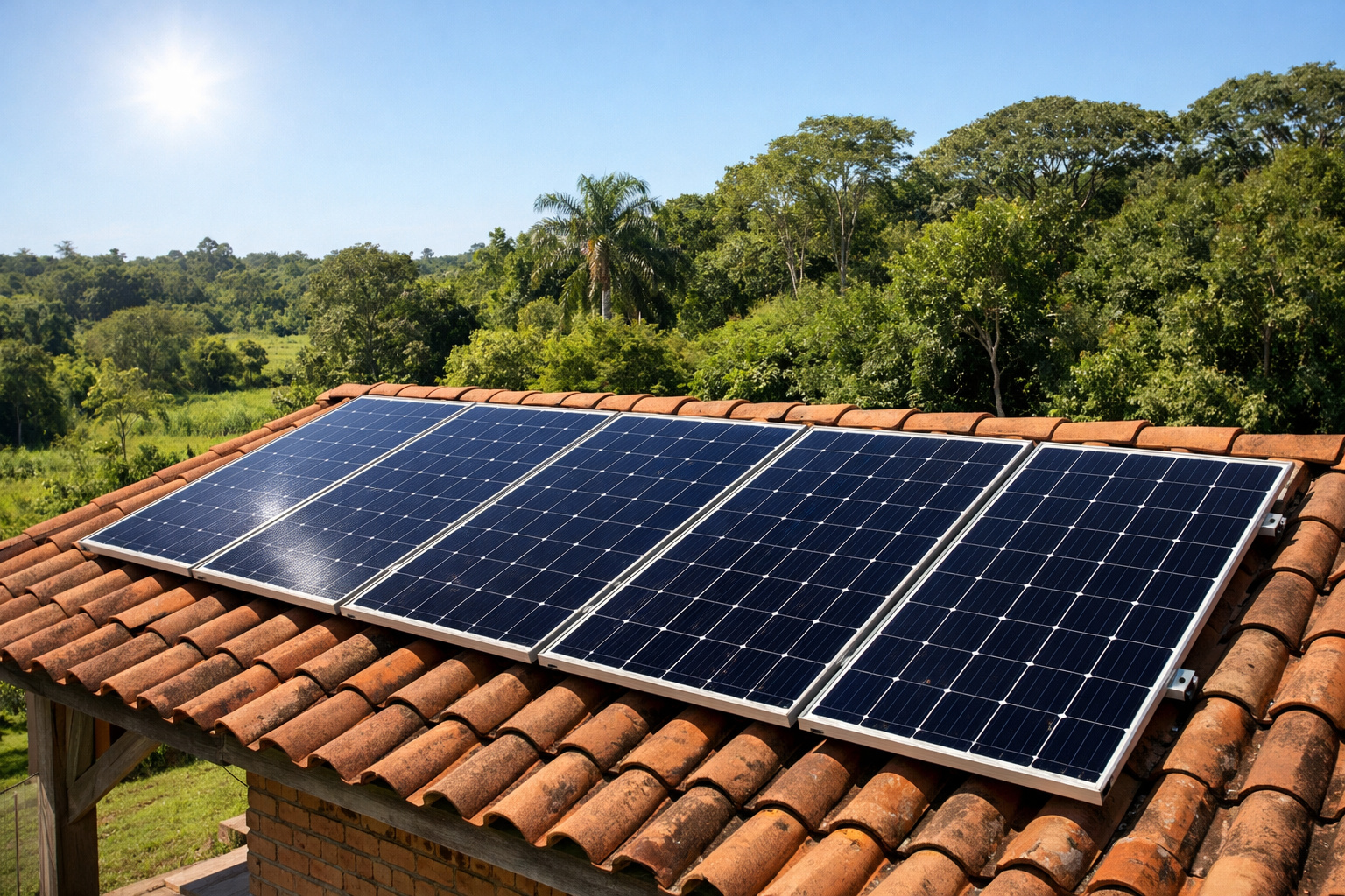sistema de energia solar com 4 placas de 550 watts em sítio rural
