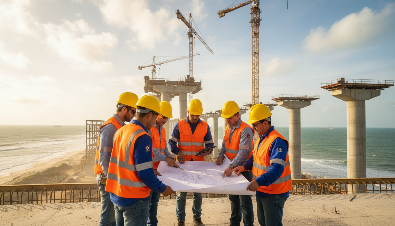 Engenheiros analisando projetos de megaobra de infraestrutura