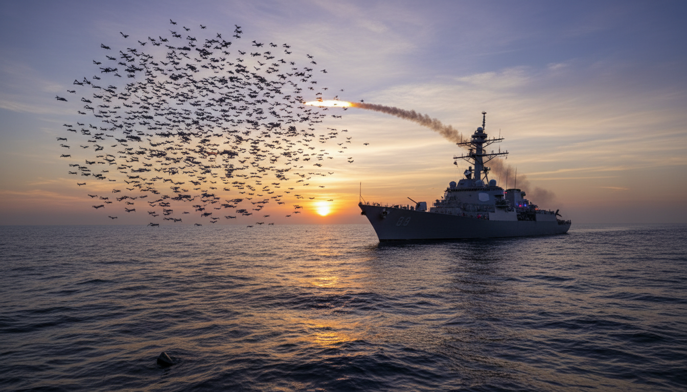 Enxame de drones se aproximando de um navio de guerra com sistemas de defesa ativados
