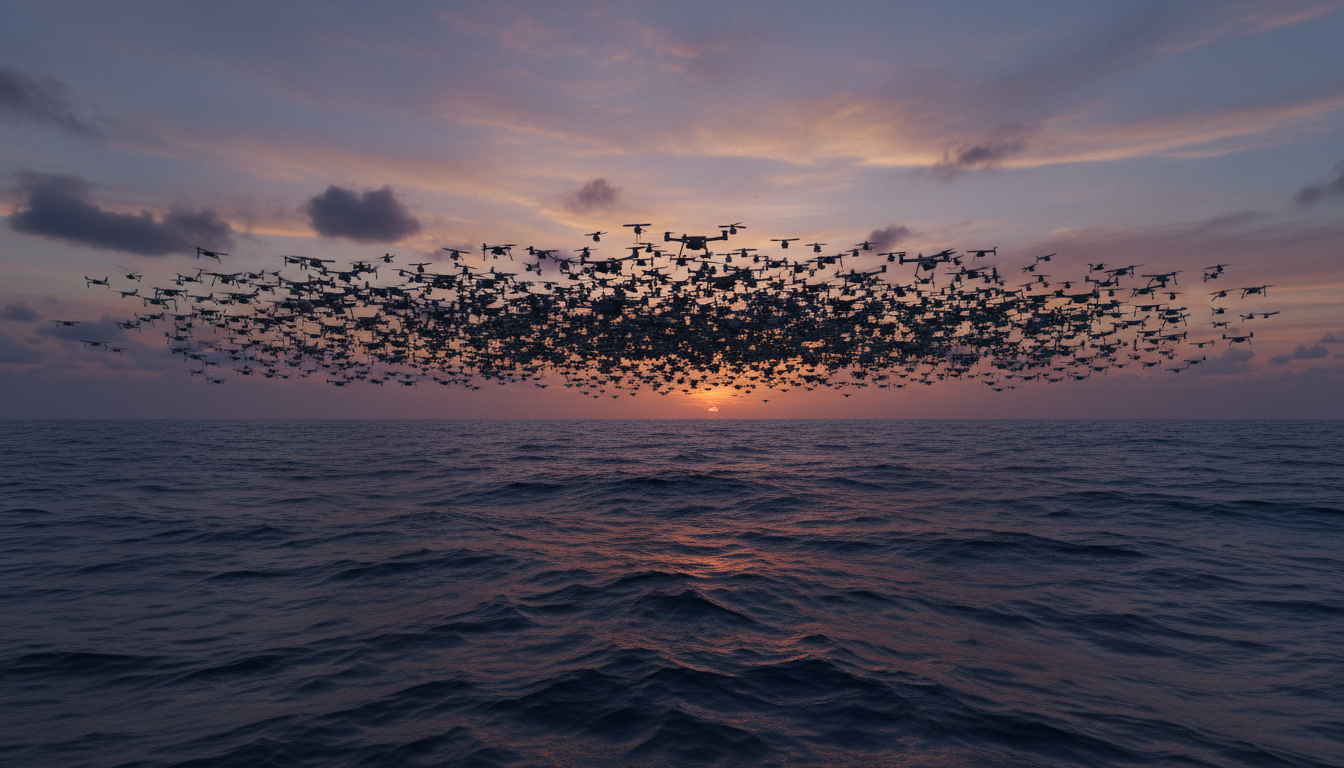 Enxame de drones militares voando em formação sobre o oceano ao entardecer