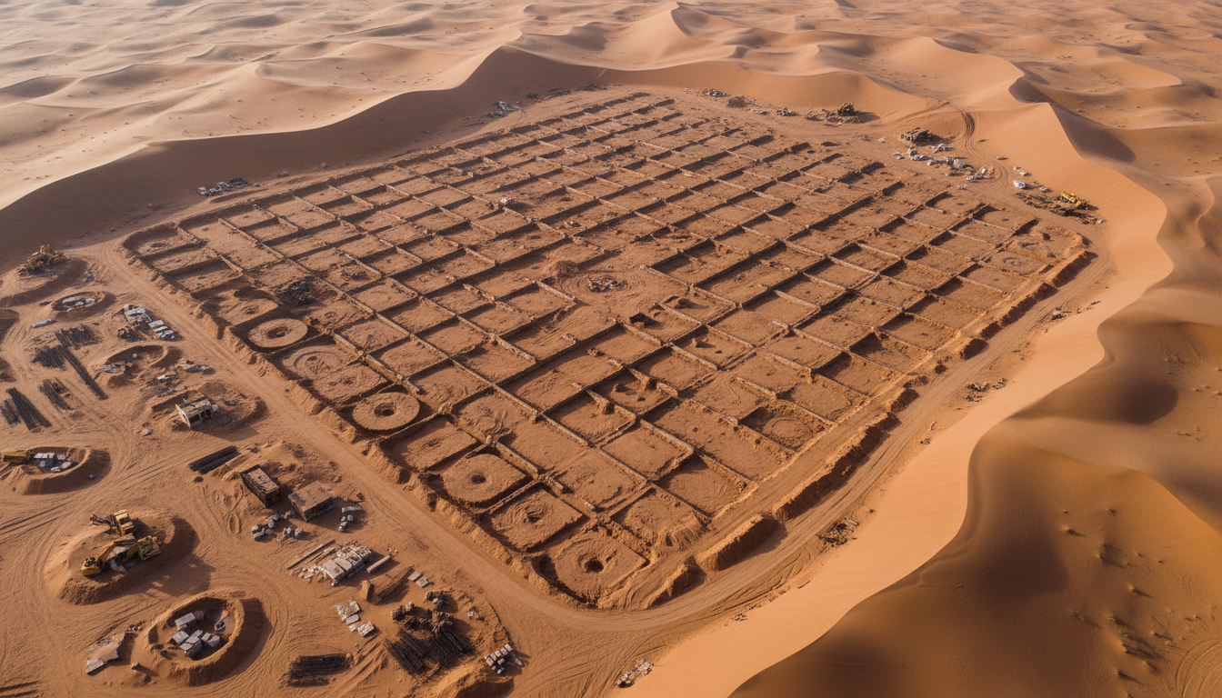 Vista aérea de escavação massiva abandonada no deserto com dunas de areia avançando
