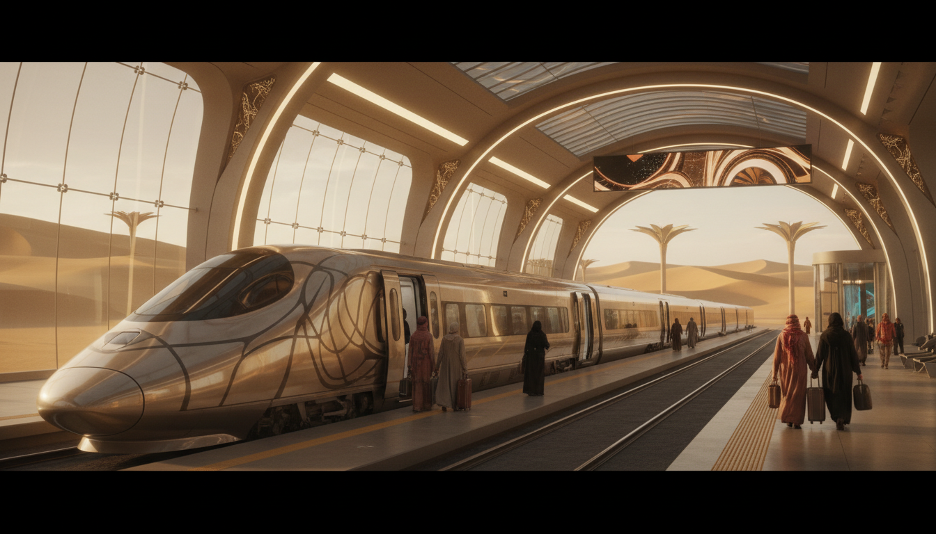 Estação ferroviária moderna da Etihad Rail nos Emirados Árabes com trem de passageiros na plataforma