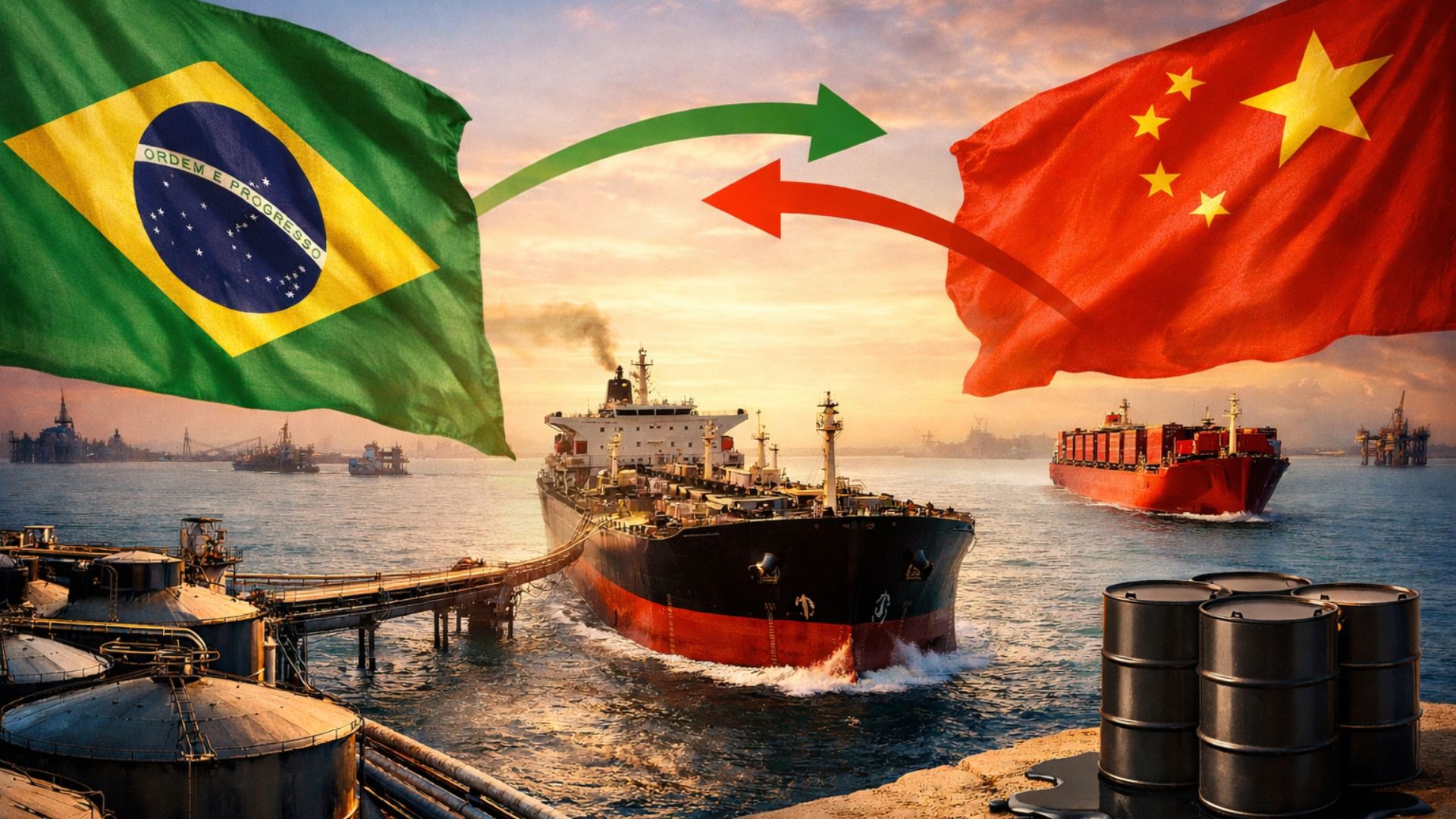 Navio petroleiro transportando petróleo do Brasil com bandeiras do Brasil e da China ao fundo, simbolizando exportação recorde impulsionada pela demanda chinesa em cenário global de energia.