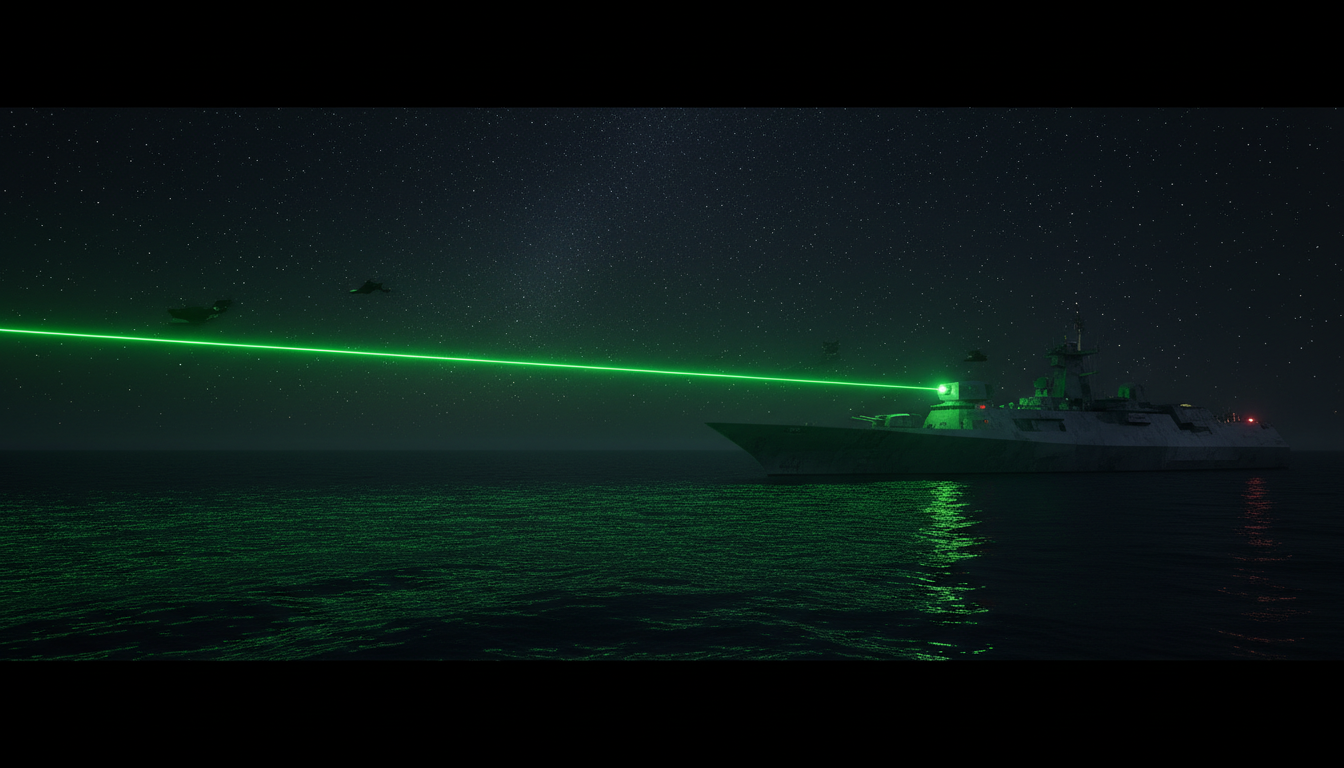 Feixe de laser verde cortando o céu noturno desde navio de guerra em alto mar