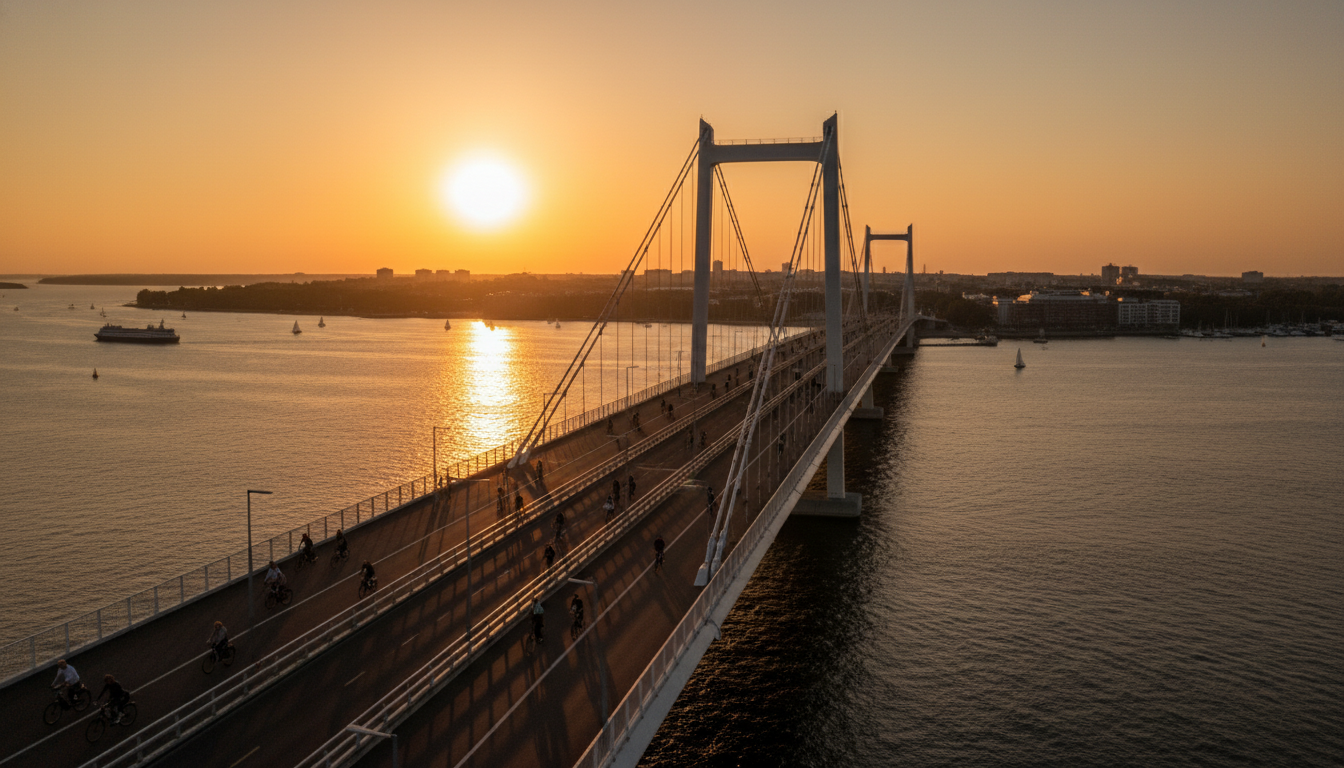Ciclistas e pedestres atravessando ponte Kruunuvuori ao pôr do sol