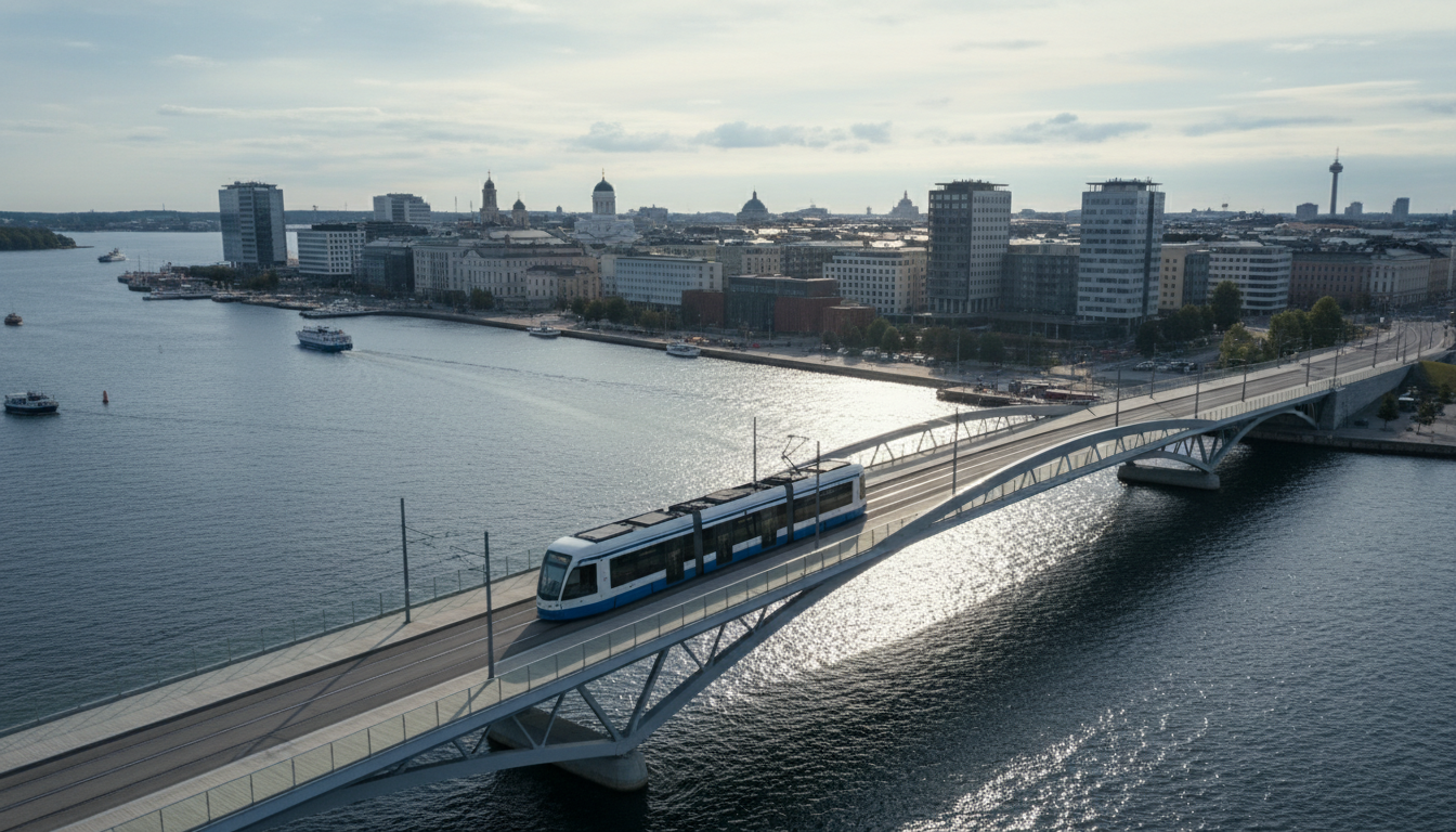 Bonde elétrico atravessando ponte Kruunuvuori com skyline de Helsinque