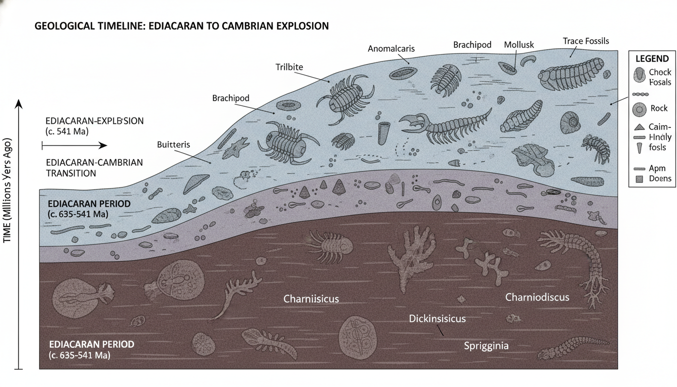 Camadas geológicas mostrando a transição do Período Ediacarano para o Cambriano