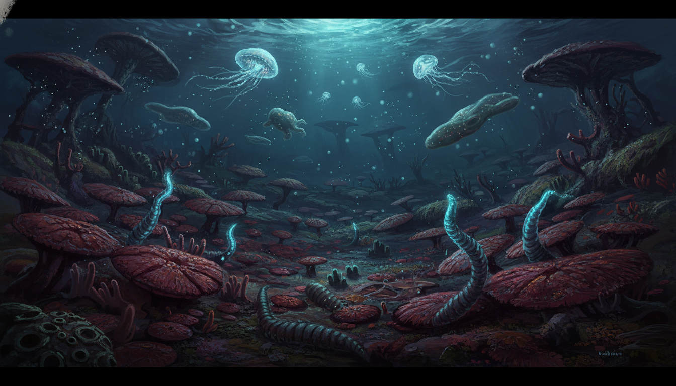Reconstrução artística do fundo do oceano no Período Ediacarano com organismos de corpo mole