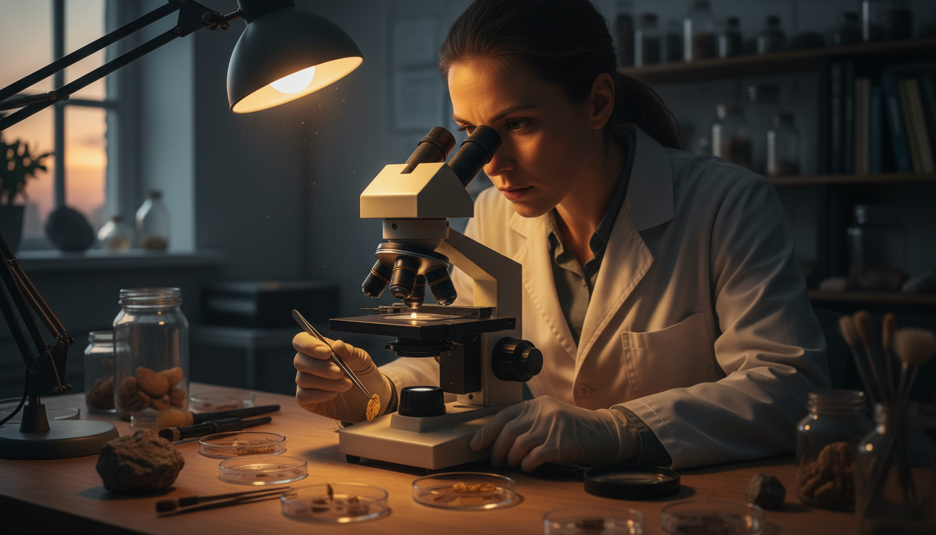 Paleontólogo examina fóssil diminuto sob microscópio em laboratório