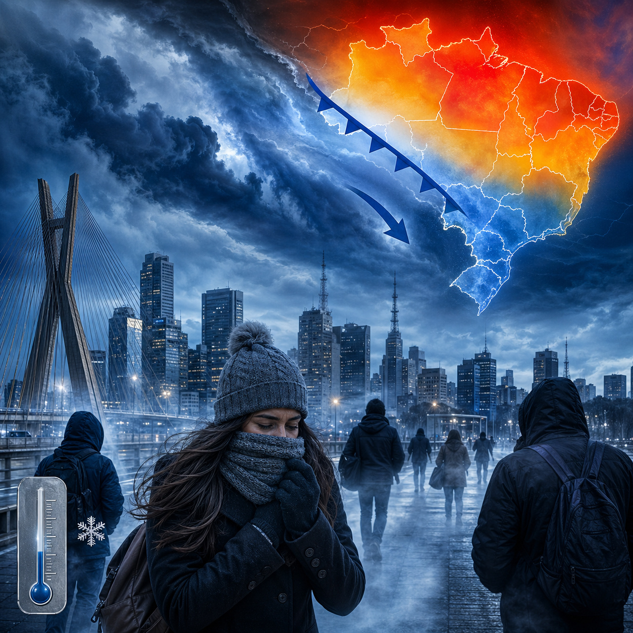 A primeira massa de ar polar intensa de 2026 vai colocar São Paulo no centro do frio na virada de maio para junho, com termômetros perto dos 10 °C e contraste extremo com Norte e Nordeste ainda acima de 36 °C no mesmo período