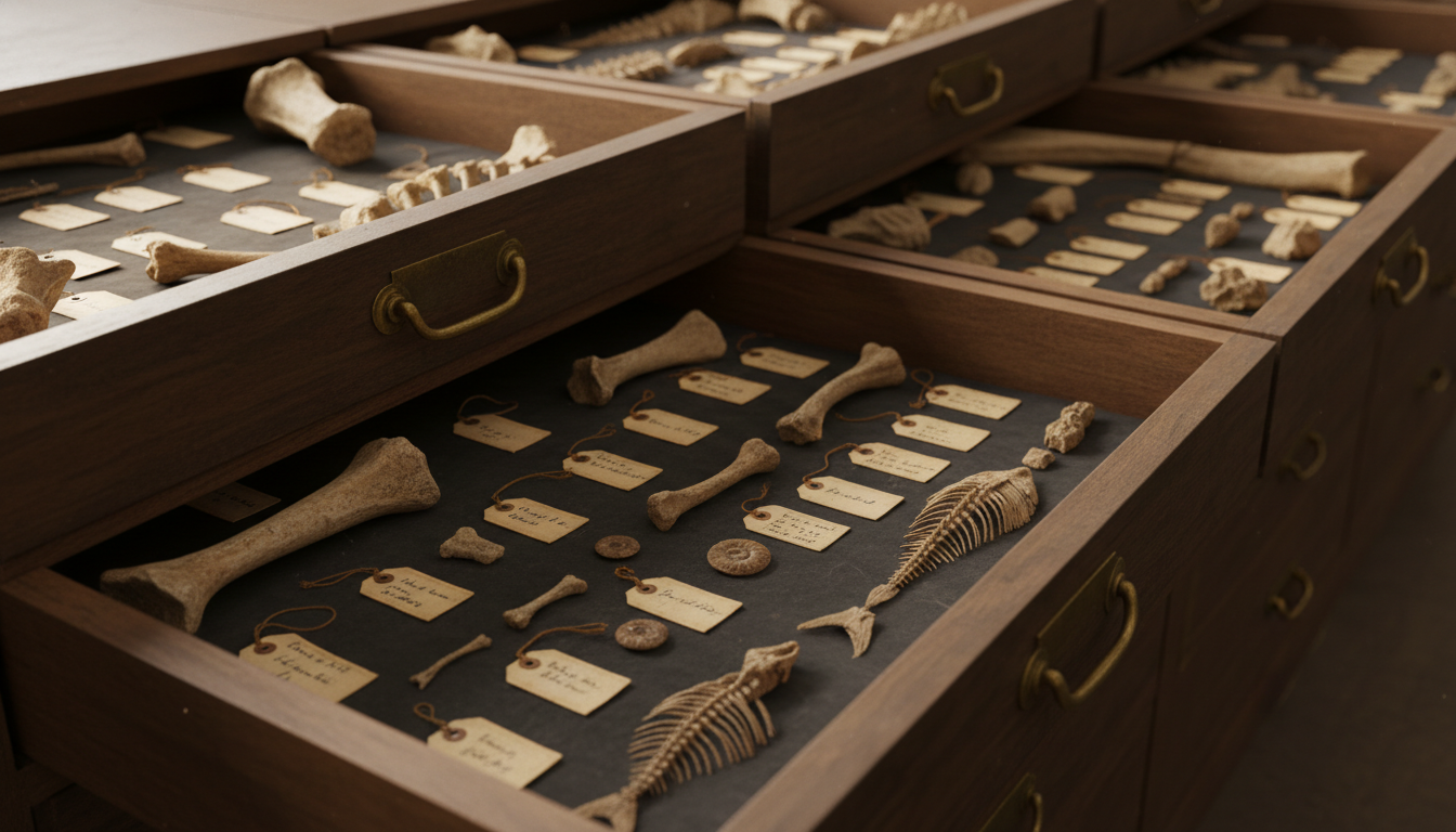 Gavetas de museu de história natural com fósseis catalogados e etiquetas antigas