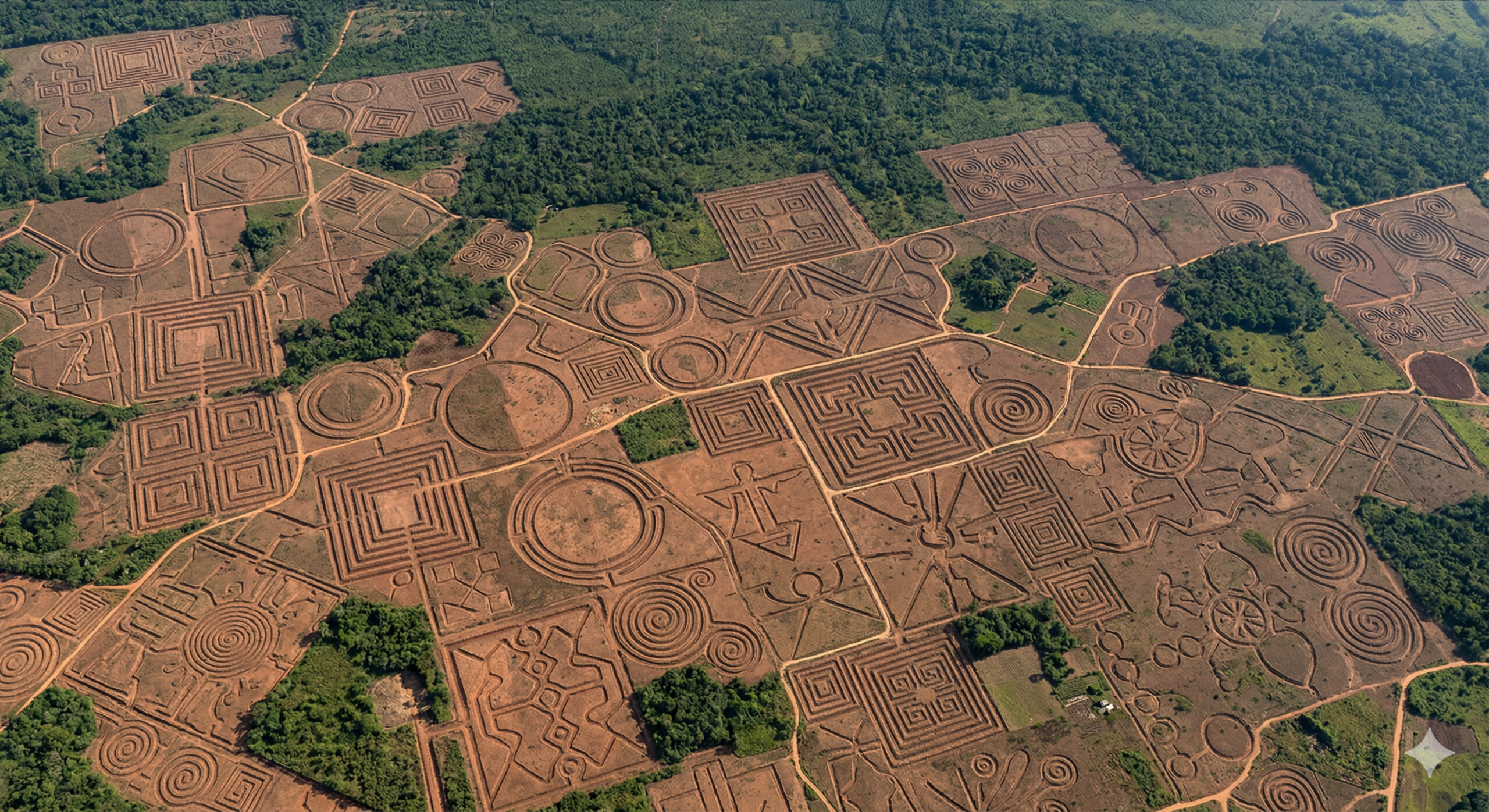 Mais de 400 geoglifos no Acre, com até 350 metros, ficaram escondidos por séculos e hoje são visíveis por satélite, intrigando cientistas.