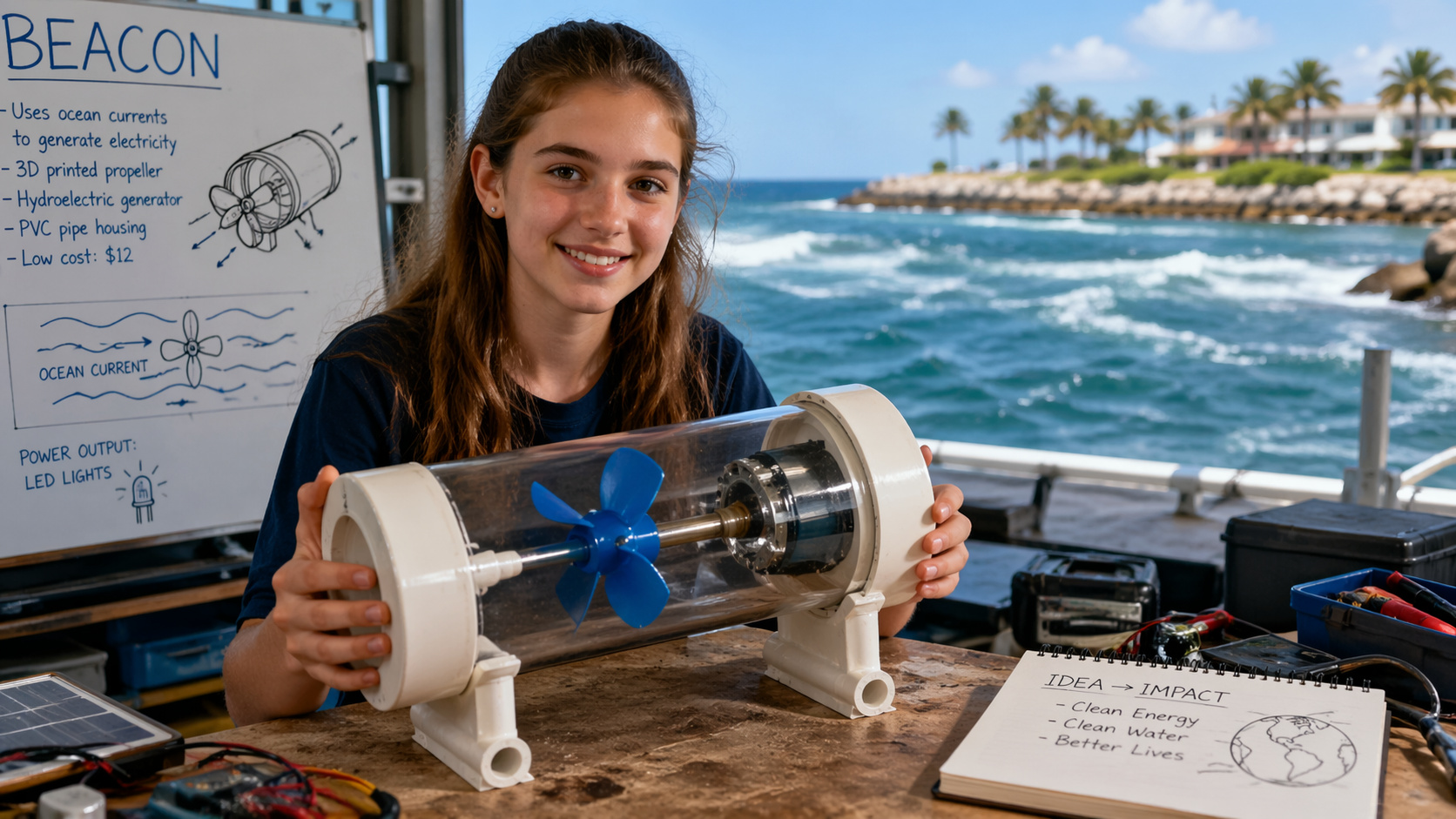 gerador de energia feito com PVC usando correntes oceânicas criado por jovem cientista