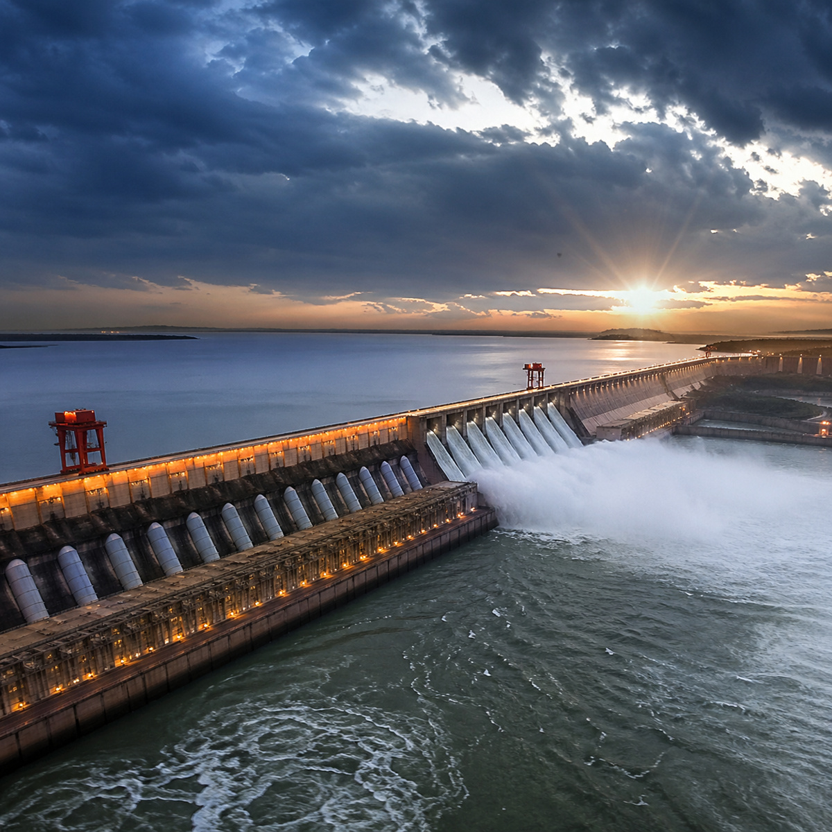 Hidrelétrica de grande porte com vertedouro liberando água em alta vazão sob céu dramático ao pôr do sol, representando geração de energia limpa em larga escala