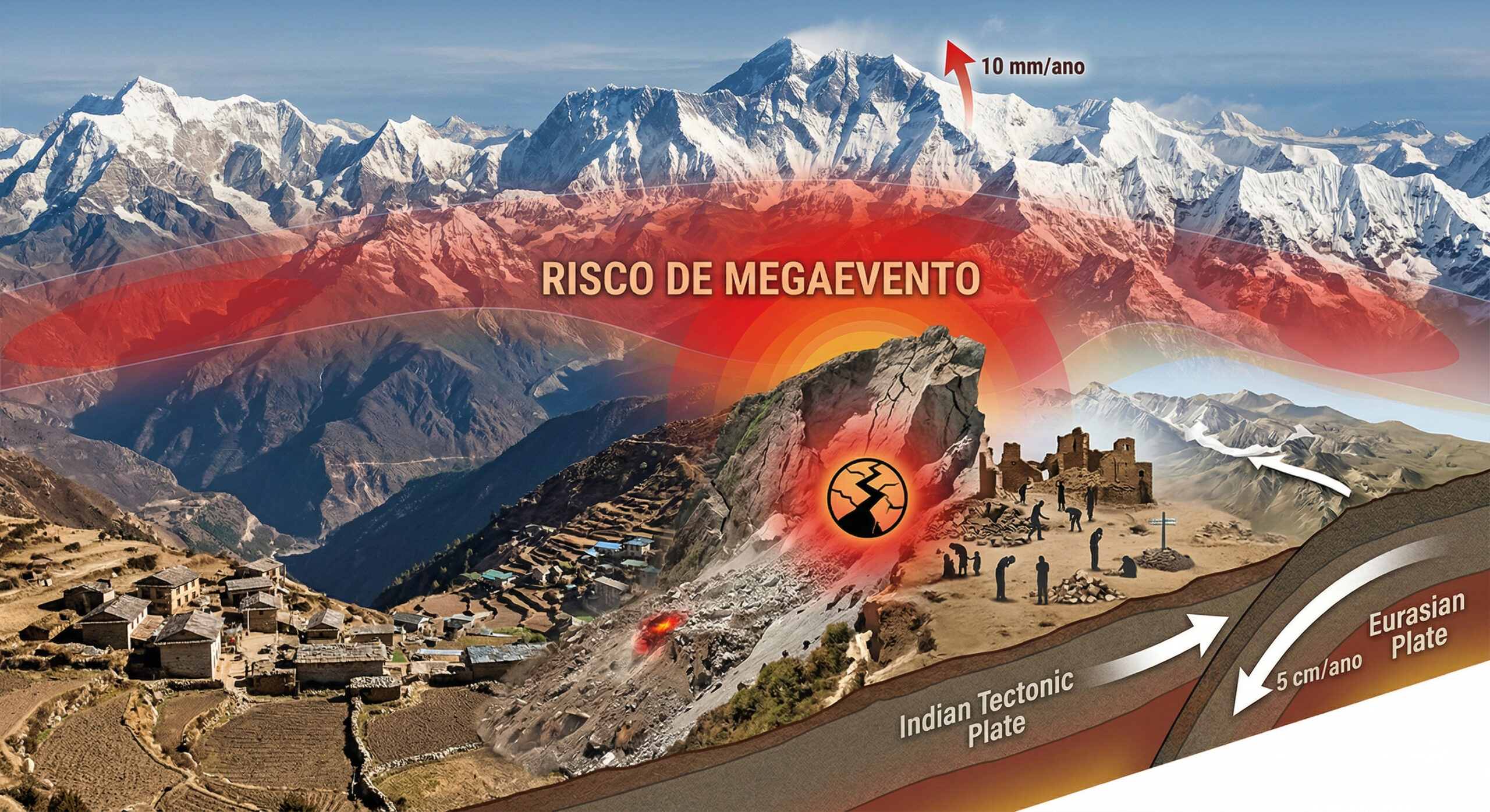 O Himalaia continua crescendo até hoje com placas tectônicas avançando 5 cm por ano, montanhas subindo até 10 mm anuais e o terremoto de 2015 que matou 9 mil pessoas pode ter aumentado o risco de um megaevento sísmico ainda maior