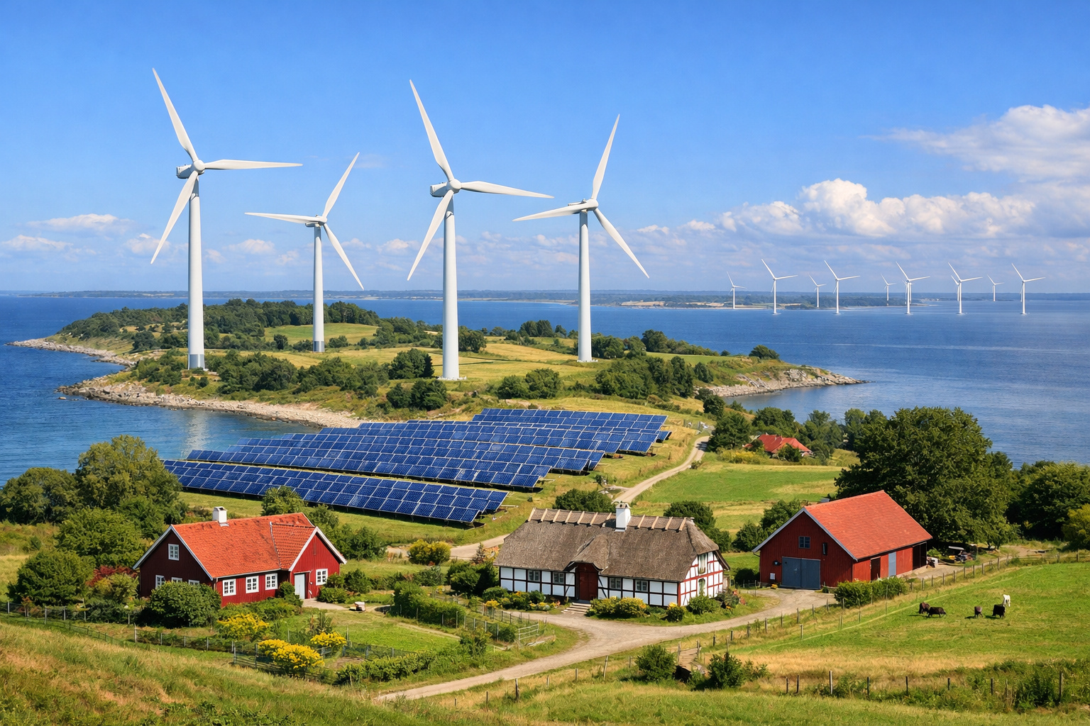 Ilha de Samsø com turbinas eólicas e energia sustentável na Dinamarca