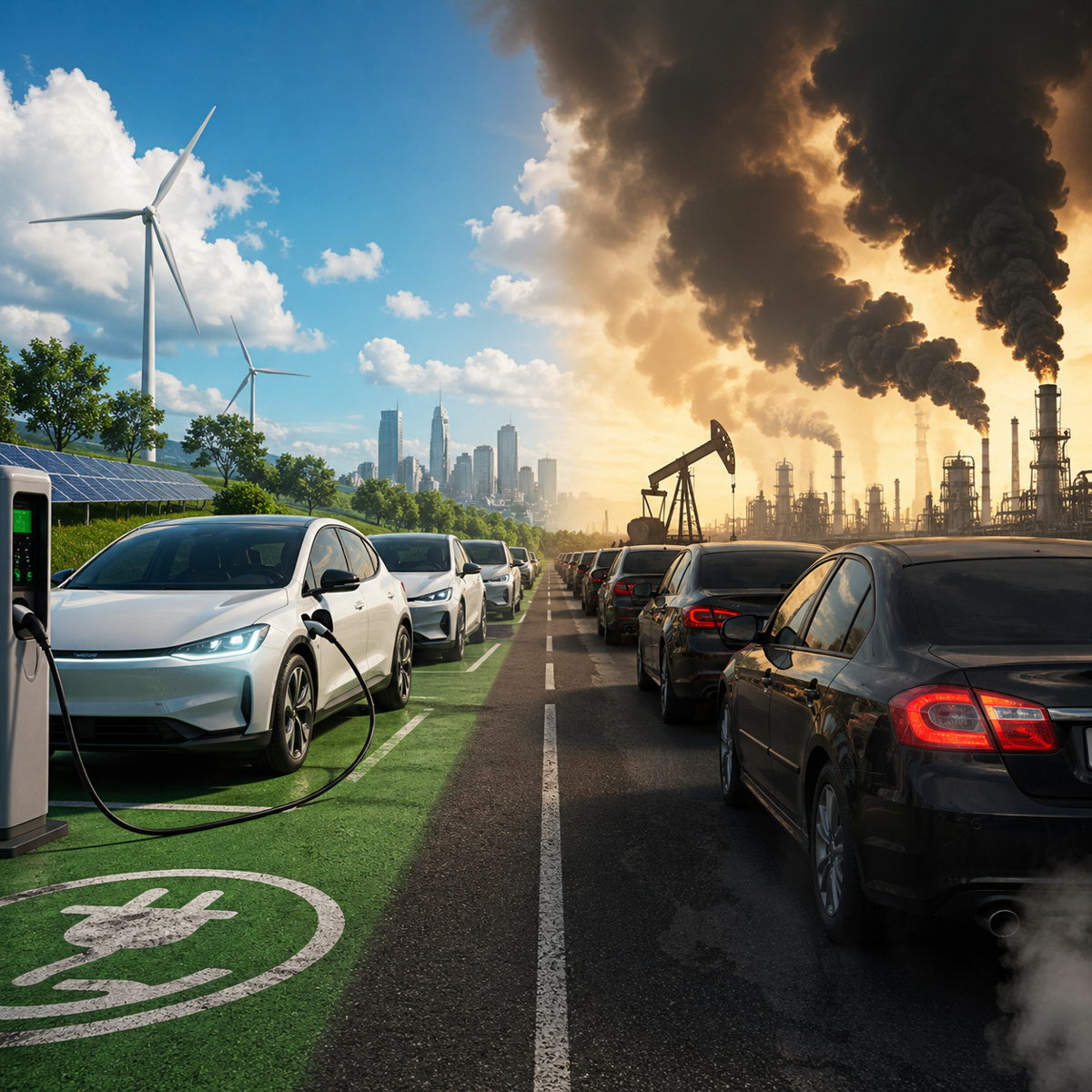 Comparação visual entre carros elétricos sendo recarregados com energia limpa e carros a gasolina emitindo poluição em ambiente industrial.