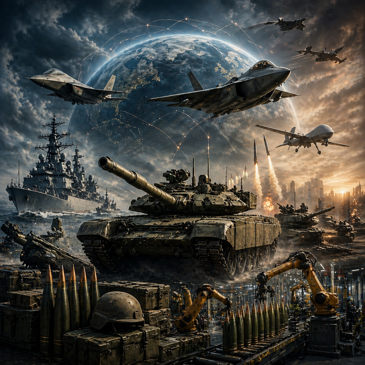 Tanques de guerra, caças militares e mísseis em cenário global com mapa da Terra ao fundo, representando aumento dos gastos militares e avanço da indústria bélica mundial