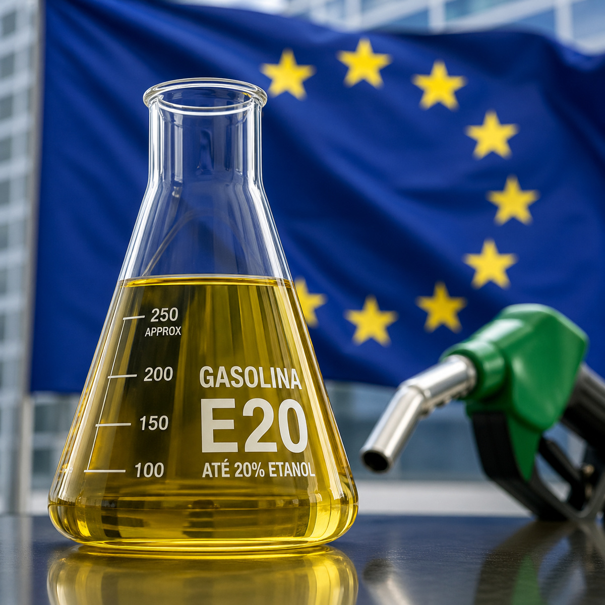 Frasco erlenmeyer com gasolina E20 contendo até 20% de etanol em primeiro plano, com bandeira da União Europeia ao fundo representando política energética europeia