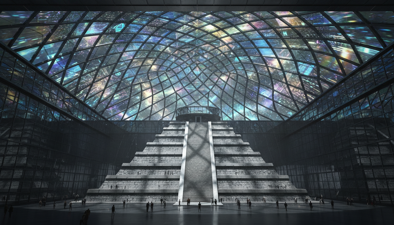 Interior do Mukaab com torre espiral e domo com tela imersiva de inteligência artificial