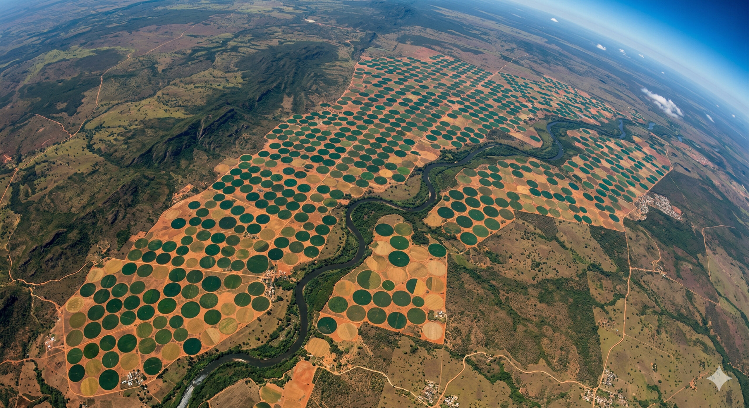 No interior da Bahia, gigantescos círculos "perfeitos" desenhados na terra aparecem do espaço como alvos de quilômetros de diâmetro, revelando sistemas de irrigação tão precisos que transformam plantações em padrões geométricos visíveis da órbita